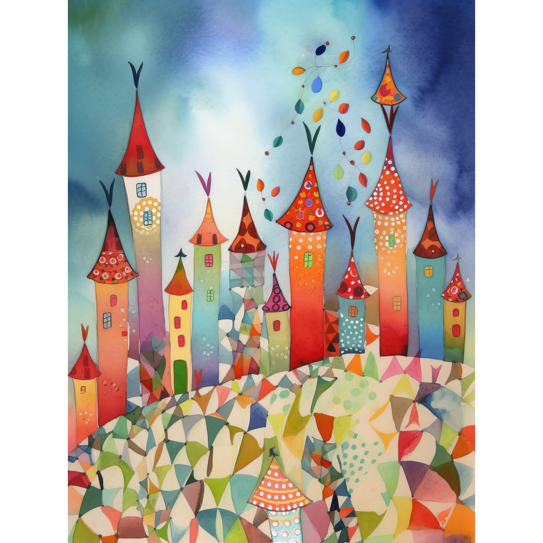 Artery8 Celebration Day Cityscape Processional Street Folk Art Watercolour Painting Extra Large XL Wall Art Poster Print