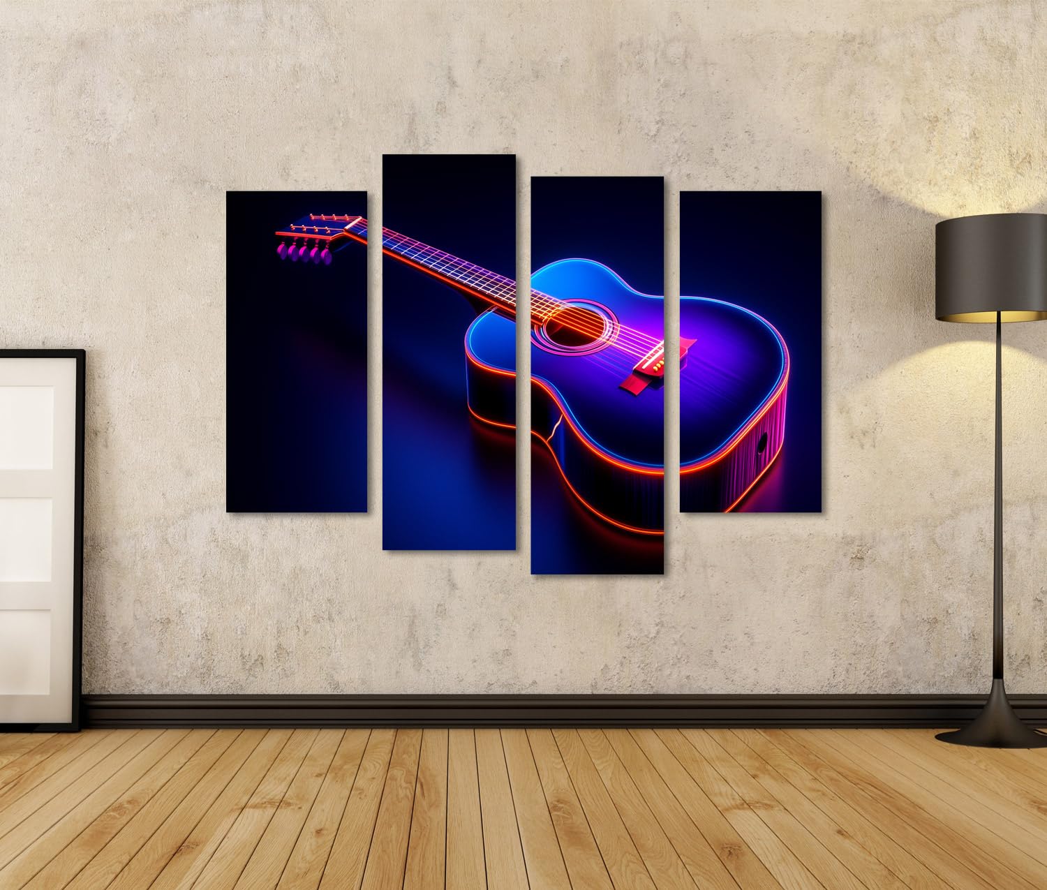 islandburner Quadro su tela, chitarra luminosa in colori neon per soggiorno, amanti della musica, negozio di musica, immagini da parete