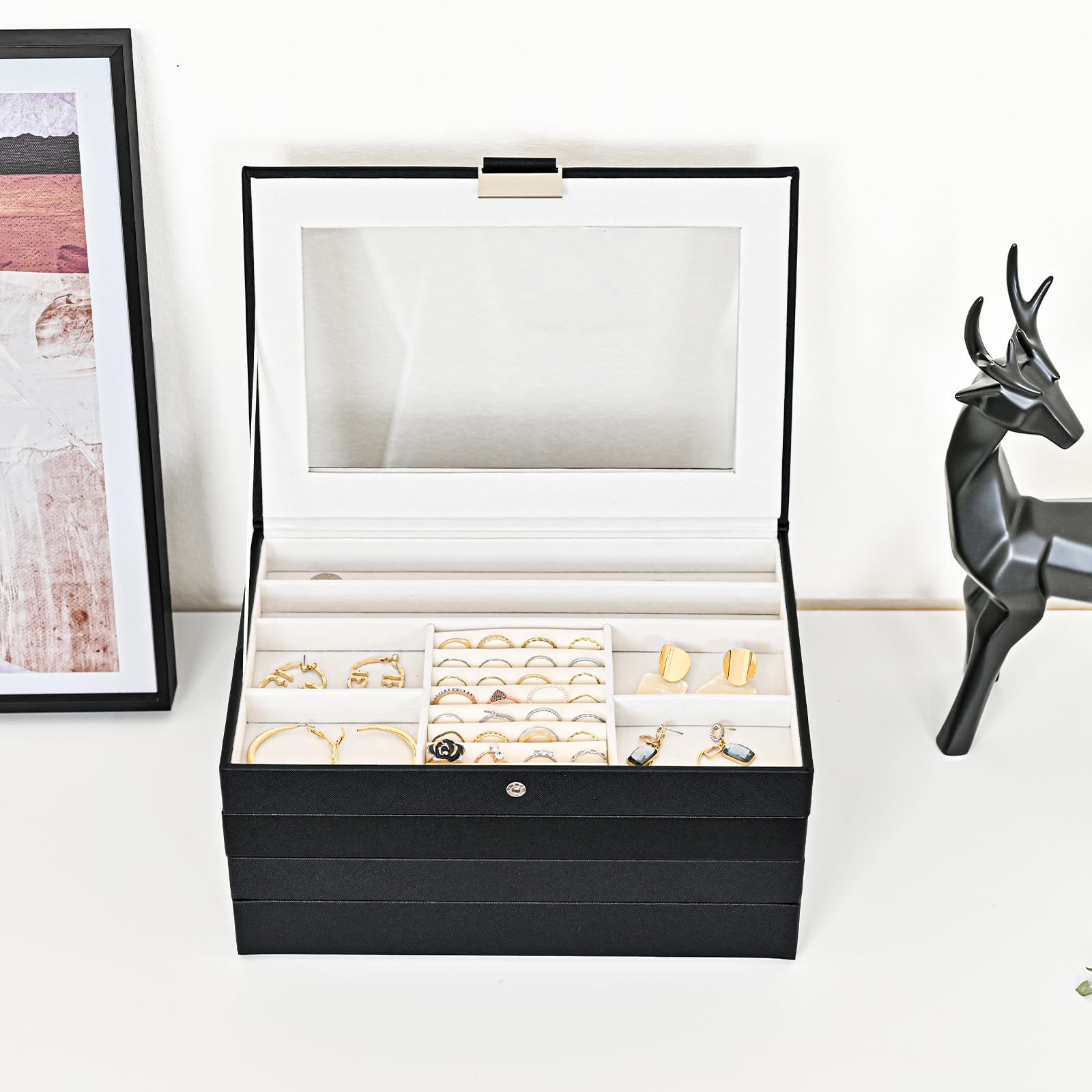 ProCase Stackable Jewelry Tray Box, 5 Layers Jewelry Organizer Case with Lid for Earrings Bracelet Watch Lipstick Ring, Stackers Jewelry Trays for Dresser Drawer Storage -Black