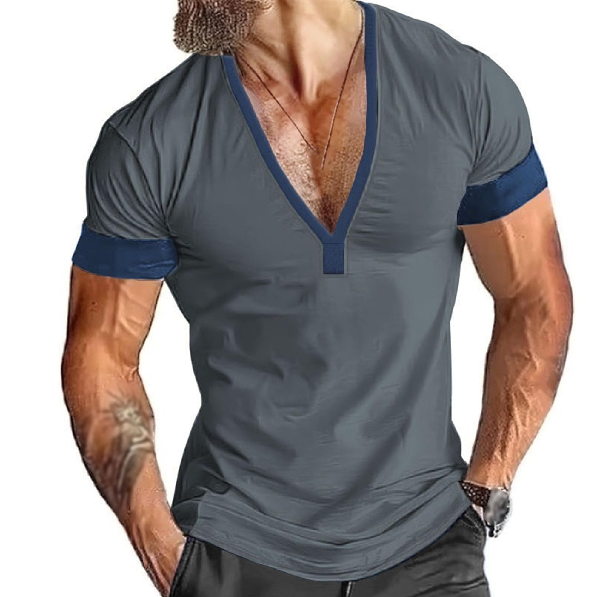 Men Casual Color Block Pullover Top Classic Thin Sport V-Neck T-Shirt Summer Moisture Wicking Outdoor Jogging Shirt (Grey,Medium)