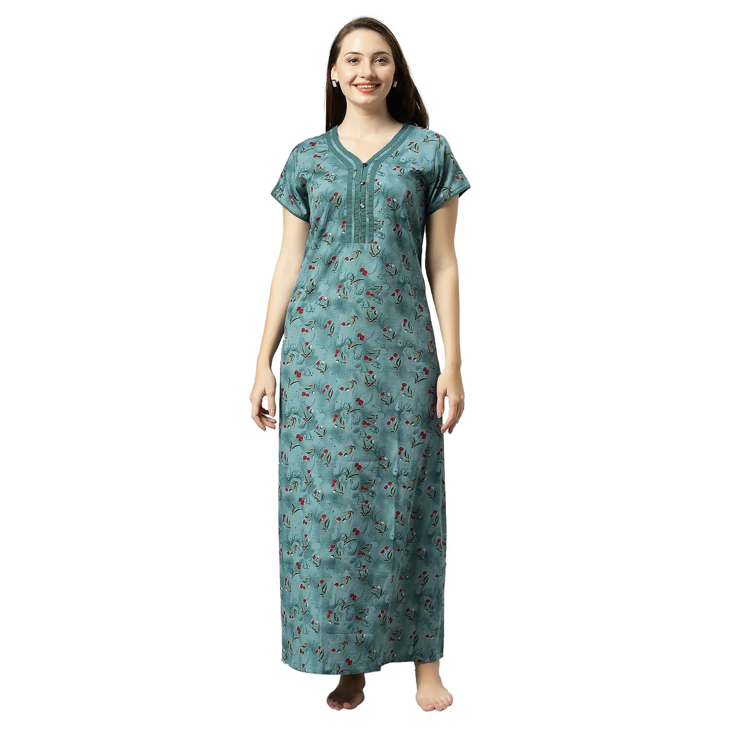 SUKANYA NIGHTWEAR Women's Printed Poly Cotton Lounge Wear Gown - Green, Regular Fit, V-Neck, Half Sleeves - Review, Price and Buying Guide
