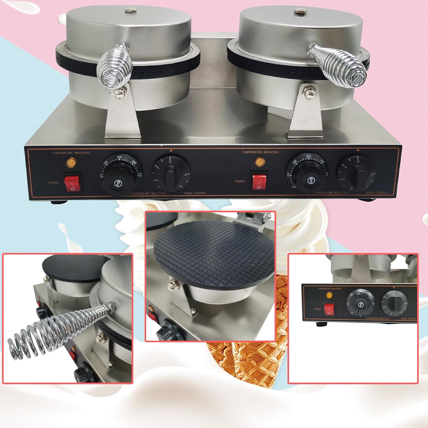 Double Station Ice Cream Waffle Cone Maker Machine Commercial Electric Egg Roll Cone Baker Non-Stick Waffle Roll Maker 110V 2400W