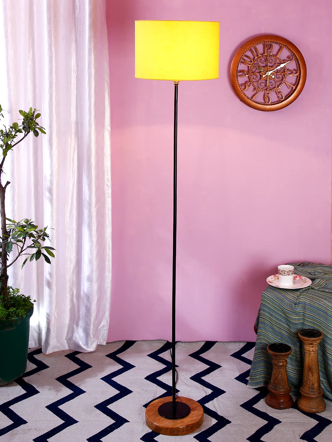Devansh Yellow Drum Cotton Shade Stick Floor Lamp with Wood Round Base-image-6