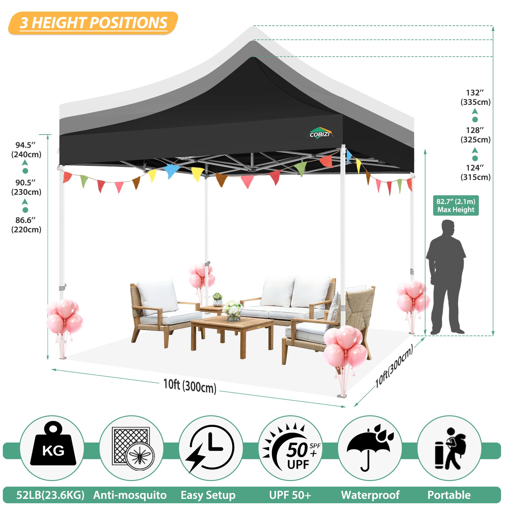COBIZI Pavillon 3x3 Faltpavillon 3x3 Wasserdicht Stabil, Partyzelt Gartenpavillon UV-Schutz mit 4 Seitenwänden aus Mesh,Schwarz