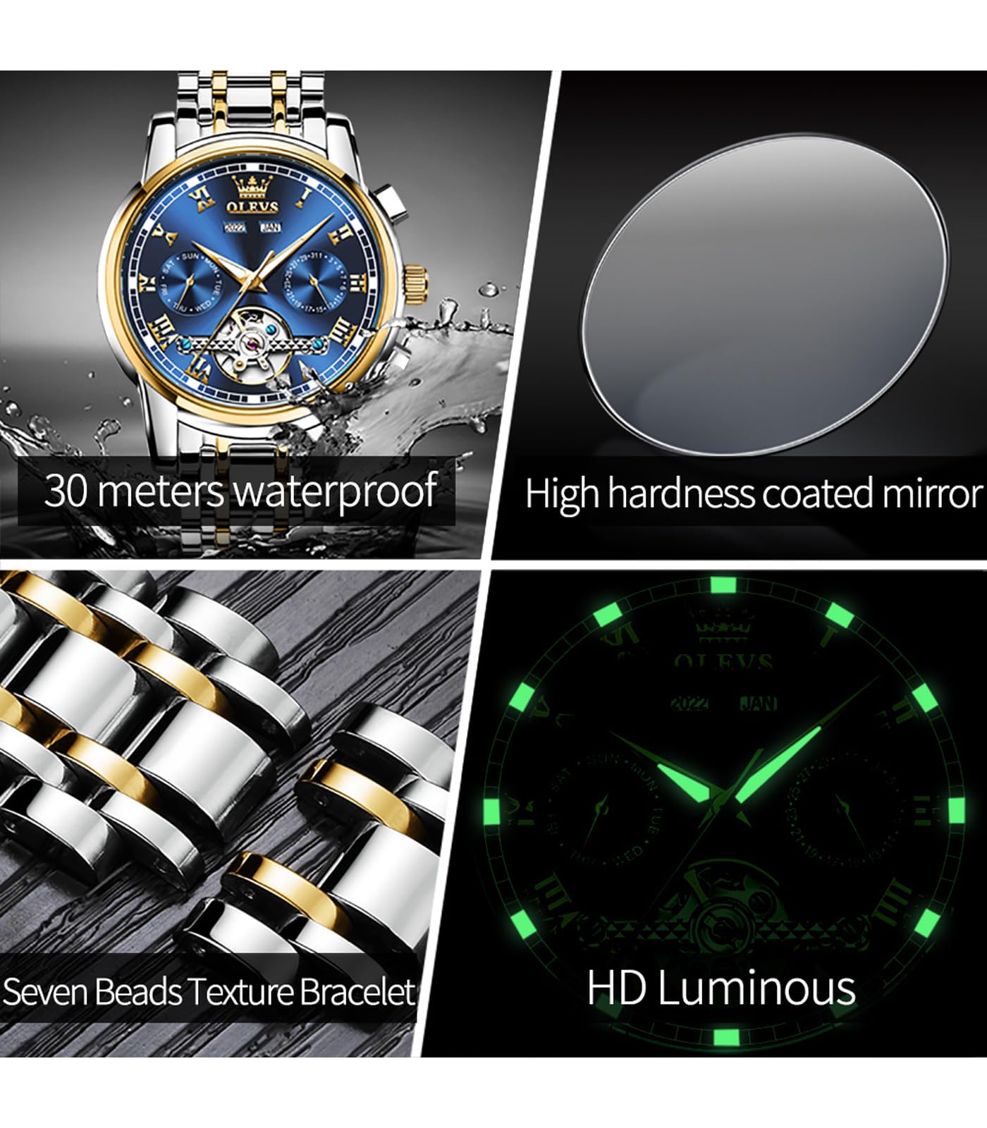 OLEVS Automatische selbstaufziehende Skelett-Armbanduhr für Herren, luxuriöser Edelstahl mit Datum,wasserdicht, Mode, Mechanische Uhren Wasserdicht für Herren