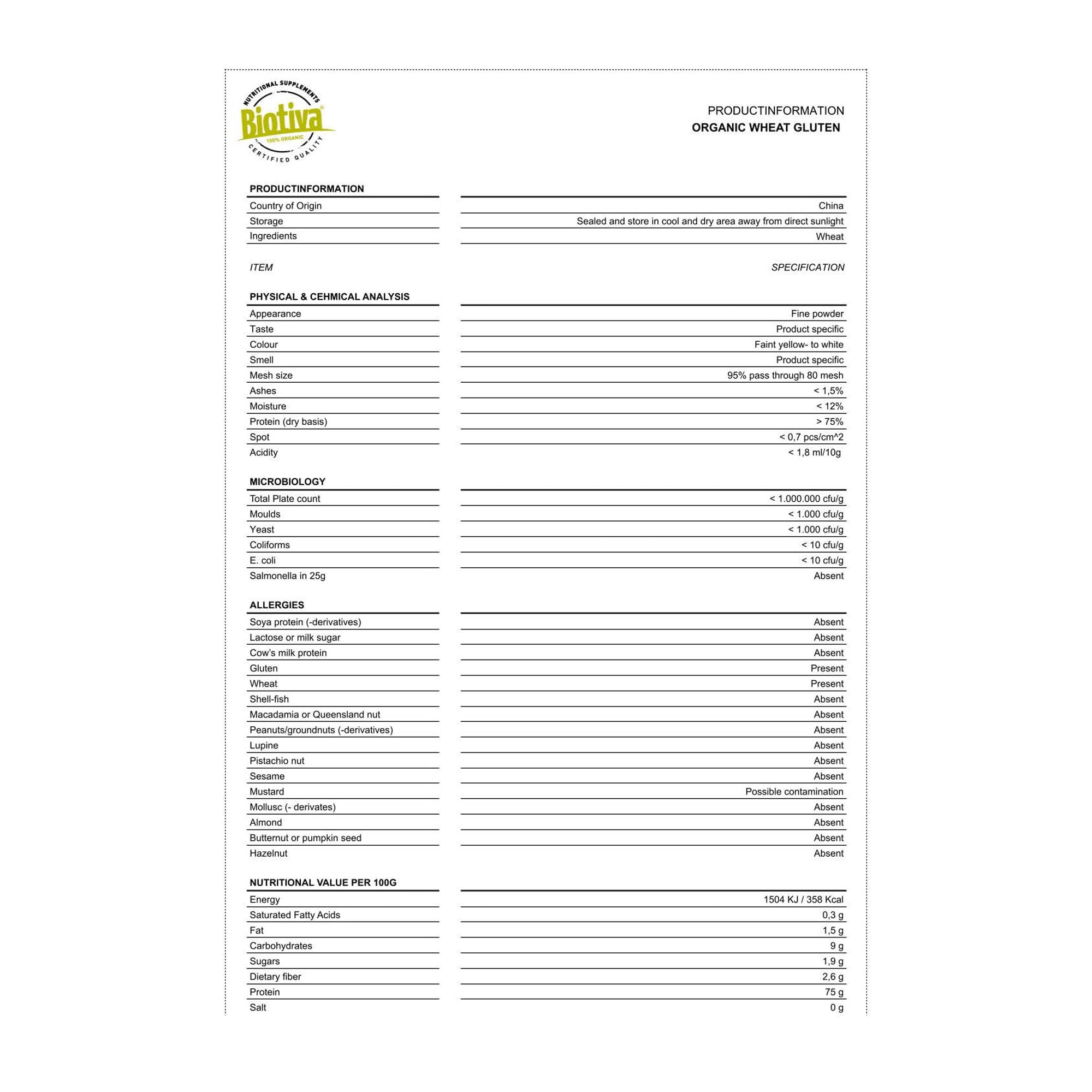 Glutine di grano Biologico 1kg | Confezione in stock | Contiene proteine | Imbottigliato e testato in Germania | Biotiva