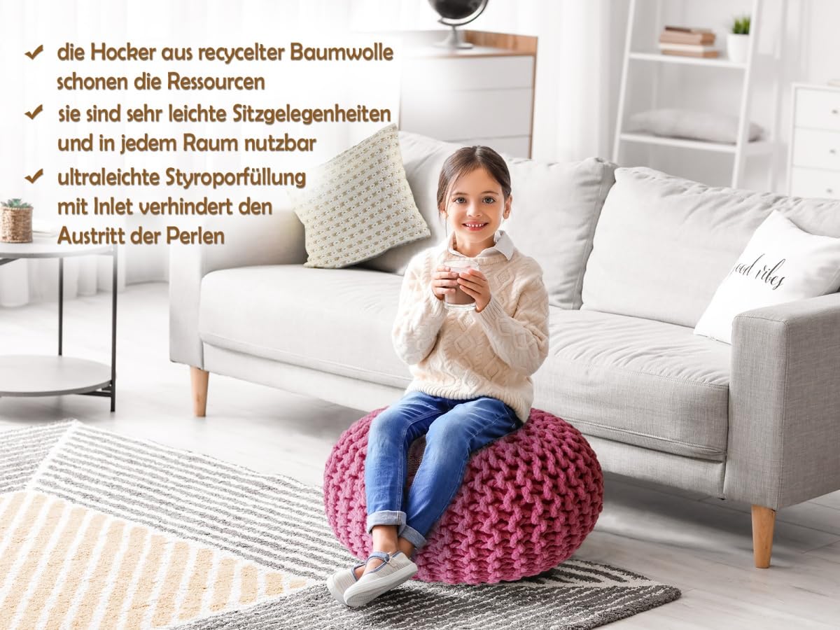 Strickhocker XXL Pouf Ø55 H37cm Bodenkissen Sitzpouf Baumwolle nachhaltig Farbe pink