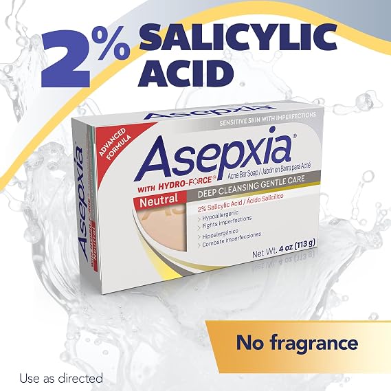 صابون Asepxia لعلاج حب الشباب محايد مضاد للحساسية | منظف بحمض الساليسيليك بنسبة 2%، يزيل الشوائب والزيوت الزائدة، يهدئ البشرة بمستخلصات نباتية طبيعية، للاستخدام اليومي، غسول للوجه، 4 أونصات، عبوة واحدة