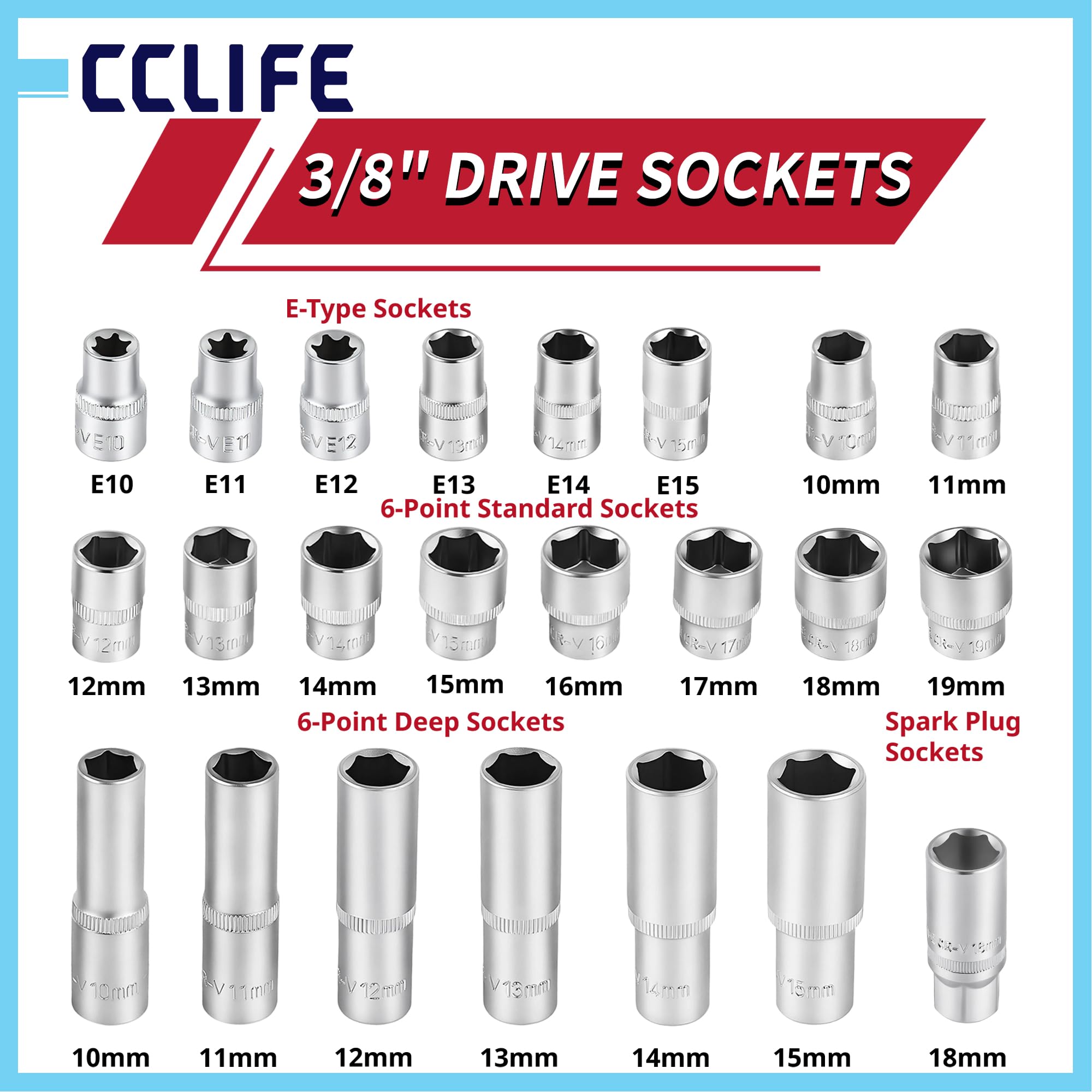 CCLIFE Zestaw kluczy nasadowych 171-częściowy – 1/4" 3/8" 1/2" skrzynka z grzechotką 72-zębową, zestaw kluczy nasadowych ze stali CrV – do samochodu, motocykla, warsztatu i majsterkowiczów