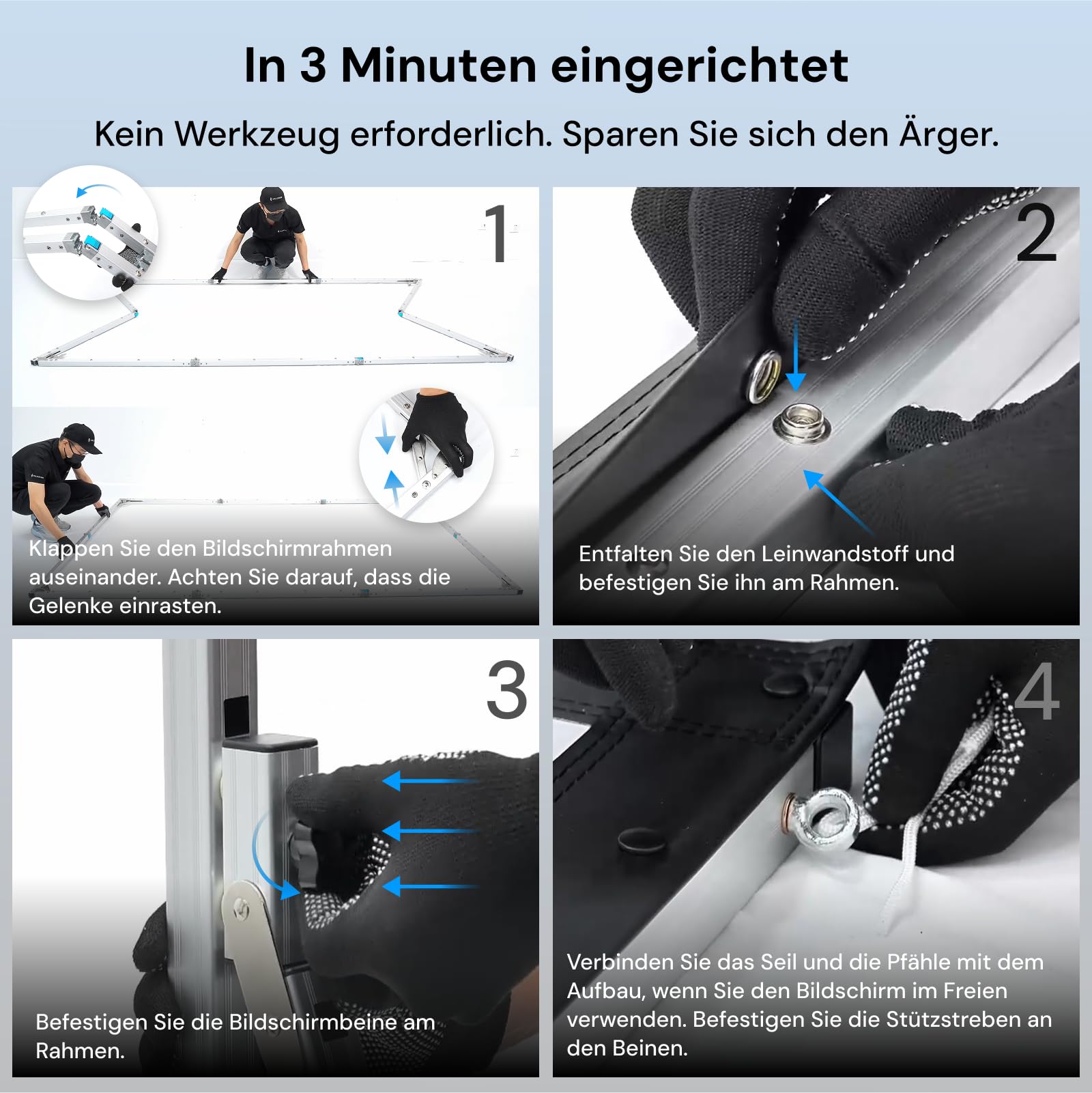 Valerion 120 Zoll Tragbare 4K/8K Outdoor-Leinwand mit Ständer, 3-lagiges mattweißes PVC, 16:9 Format, 1.3 Gain, faltbar, Anti-Falten, windstabil, inkl. Tragetasche
