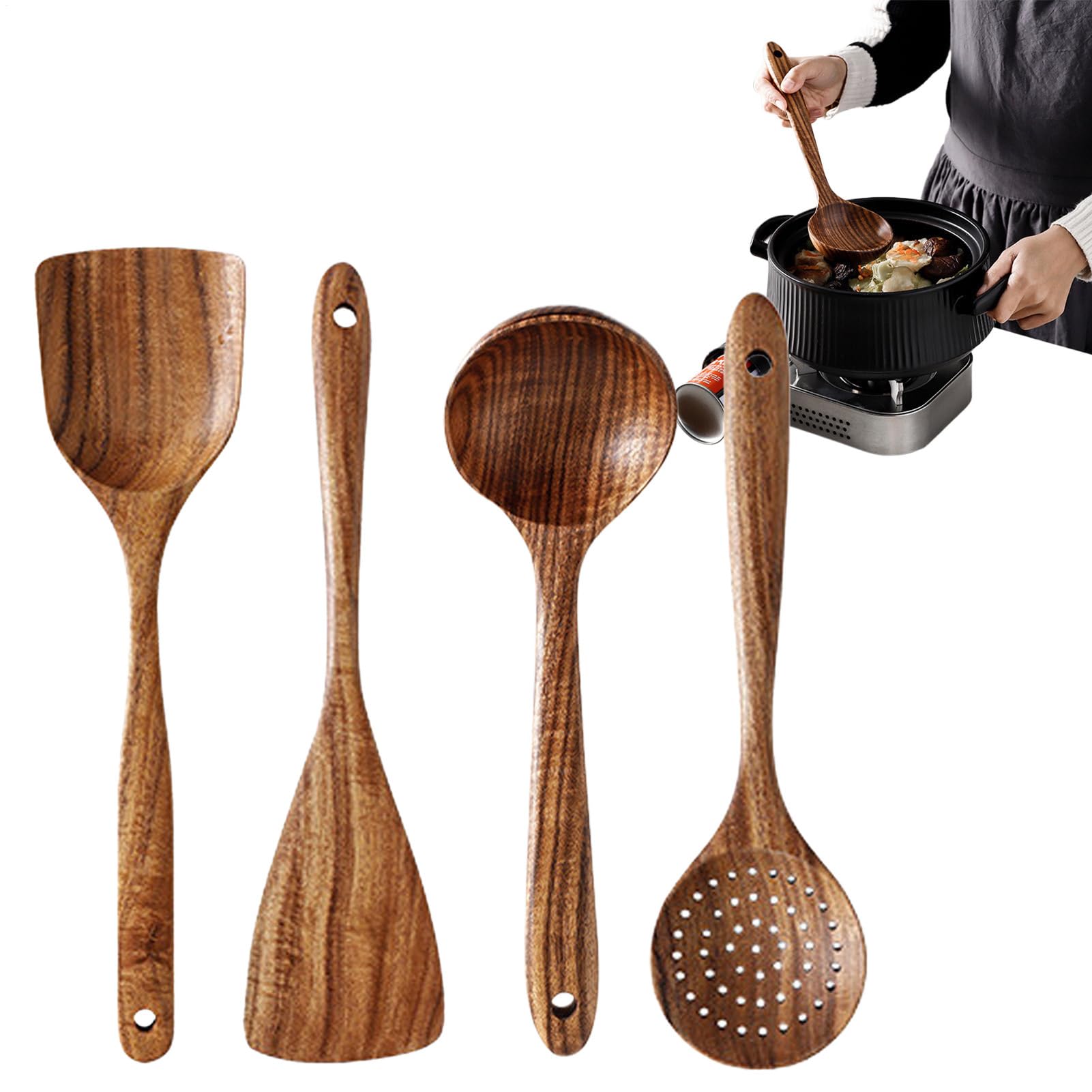 Juego de utensilios de cocina de madera natural - Cucharas de cocina de 4