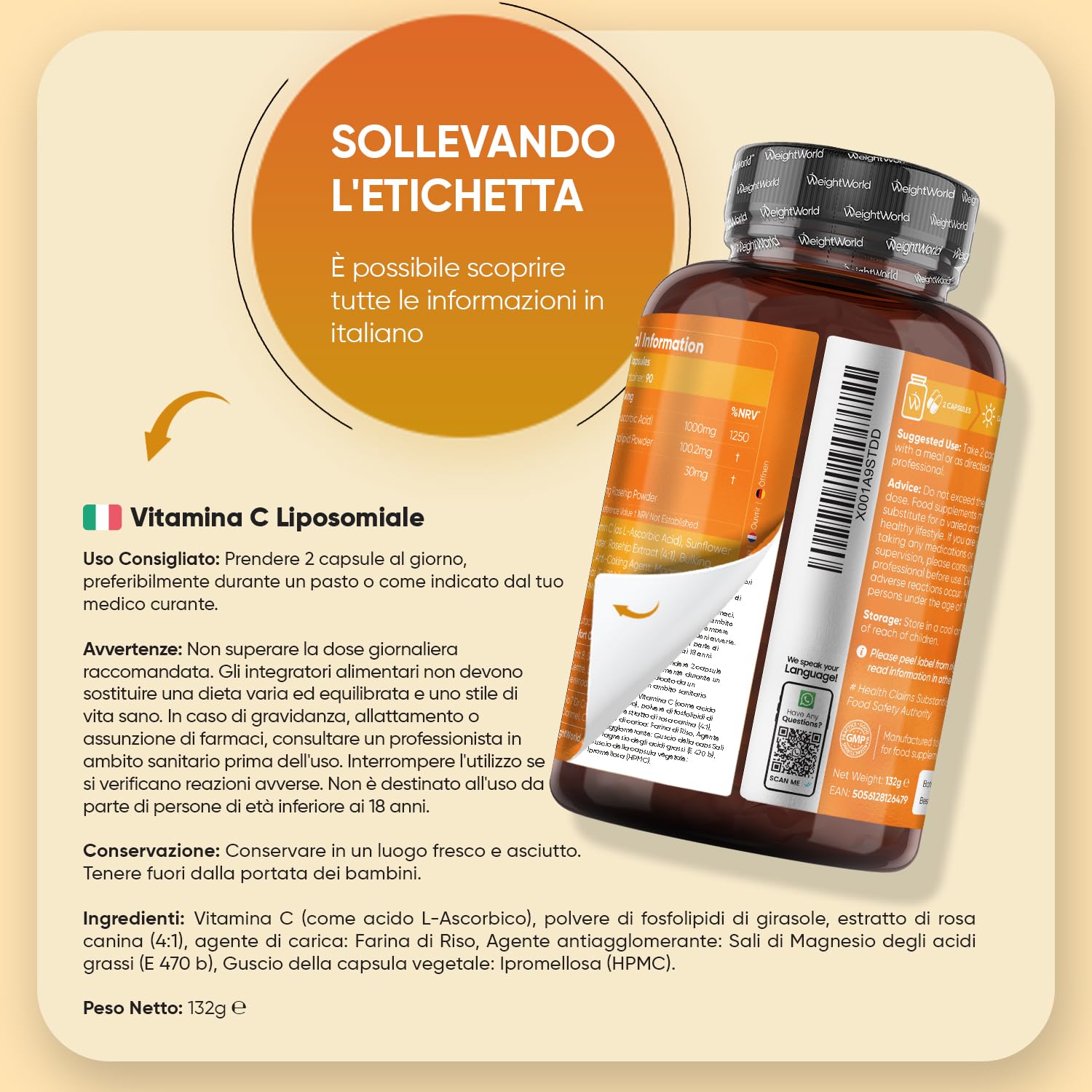 Vitamina C Liposomiale 1000mg Vegana,180 Capsule di Acido Ascorbico (3 Mesi di Scorta), La Vitamina C Contribuisce alla Normale Funzione del Sistema Immunitario (EFSA), Senza Glutine, Prodotto in UE