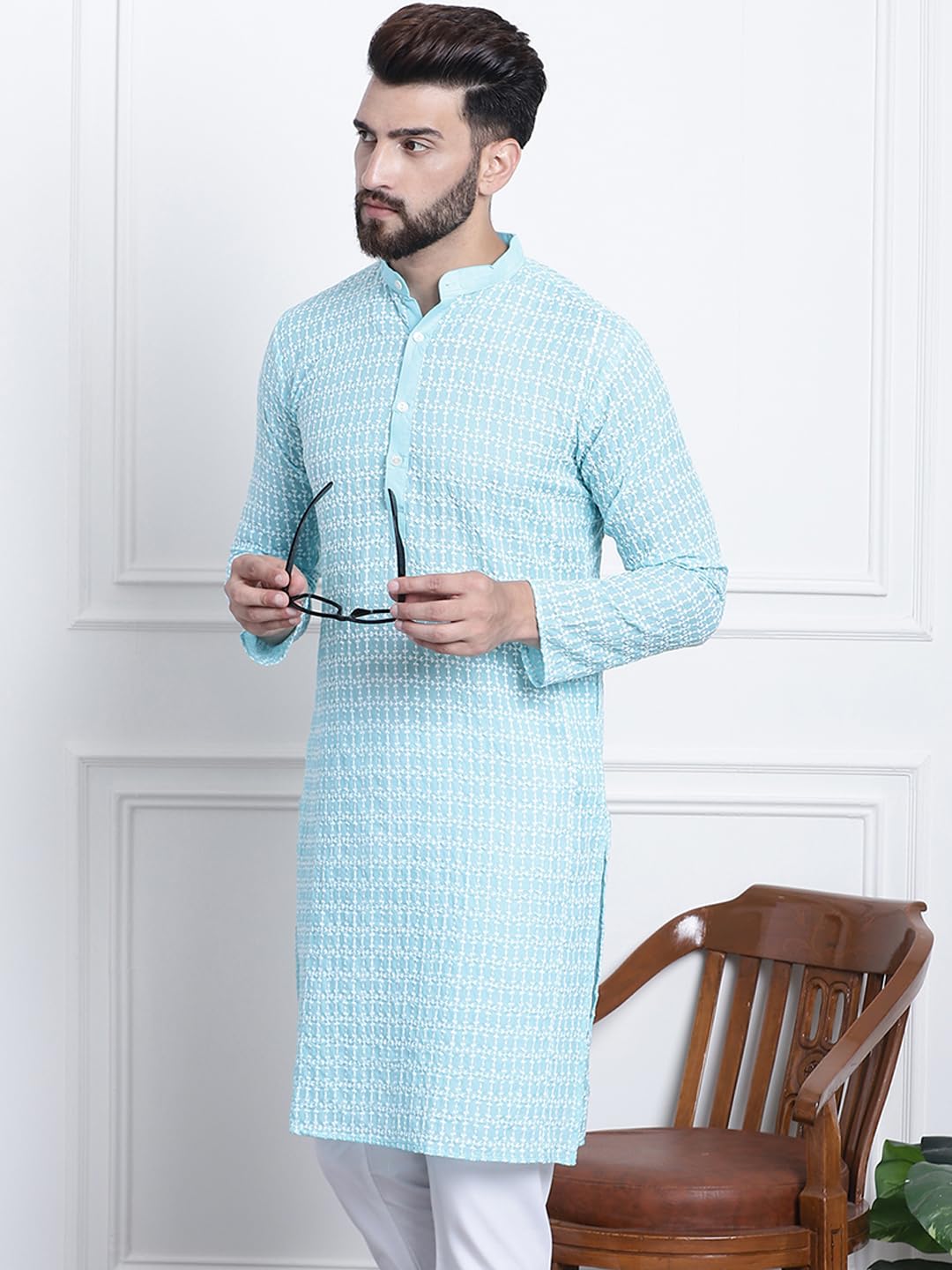 Sojanya (Since 1958 Men's Pure Cotton Blue With White Embroidery Only Long Kurta