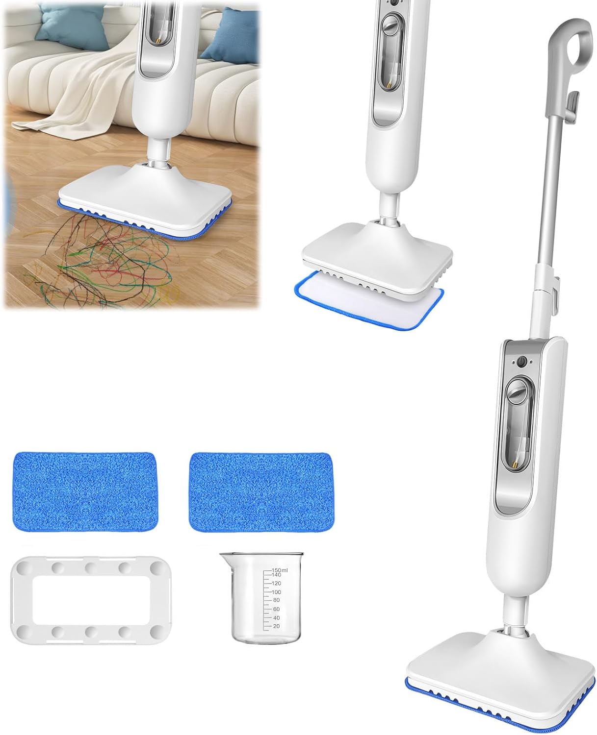 Steam Mop, Floor Steamer, Steam Mop for Hardwood Floors, Floor Steam Cleaner for Ceramic, Granite, Marble, Linoleum, Natural Floor Mop with 2 Pcs Machine Washable Pads and 13.5oz Water Tank, White
