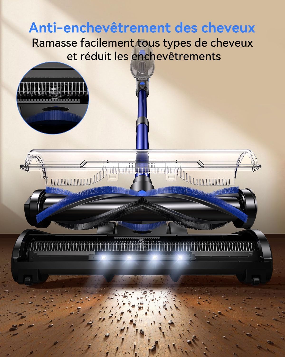 550W/45KPa Aspirateur Balai sans Fil, 50 Min d’Autonomie Aspirateur sans Fil Autoportant, Brosse Anti-Enchevêtrement & Éclairage LED, pour Sols Durs, Tapis et Poils d’Animaux (Bleu)