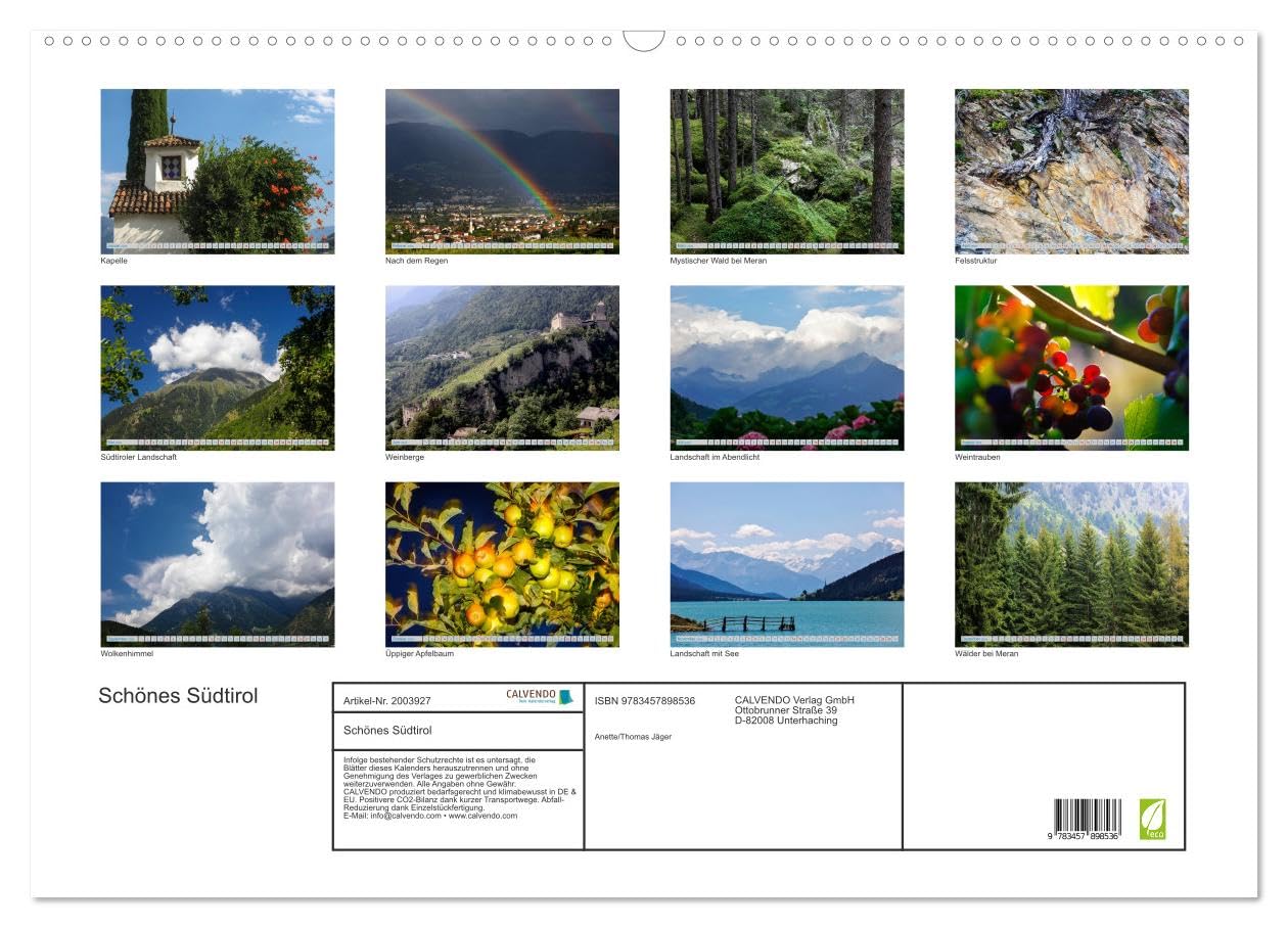 Schönes Südtirol (Wandkalender 2026 DIN A2 quer), CALVENDO Monatskalender: Stimmungsvolle Farbfotografien aus Südtirol. (CALVENDO Orte)
