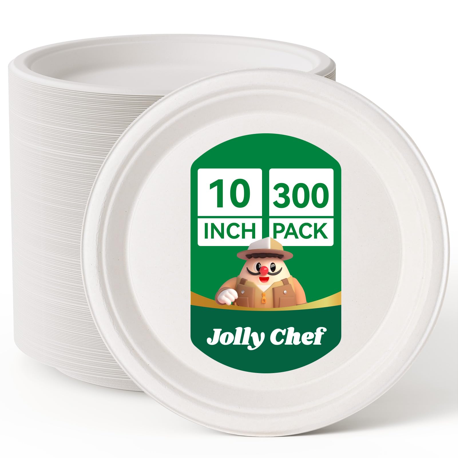 JOLLY CHEF White Bagasse Paper Plates 10 Inch [300 Pack] Disposable Paper Plates, Biodegradable Dinner Plates Made of Sugarcane Bulk for Daily Use Party Picnic