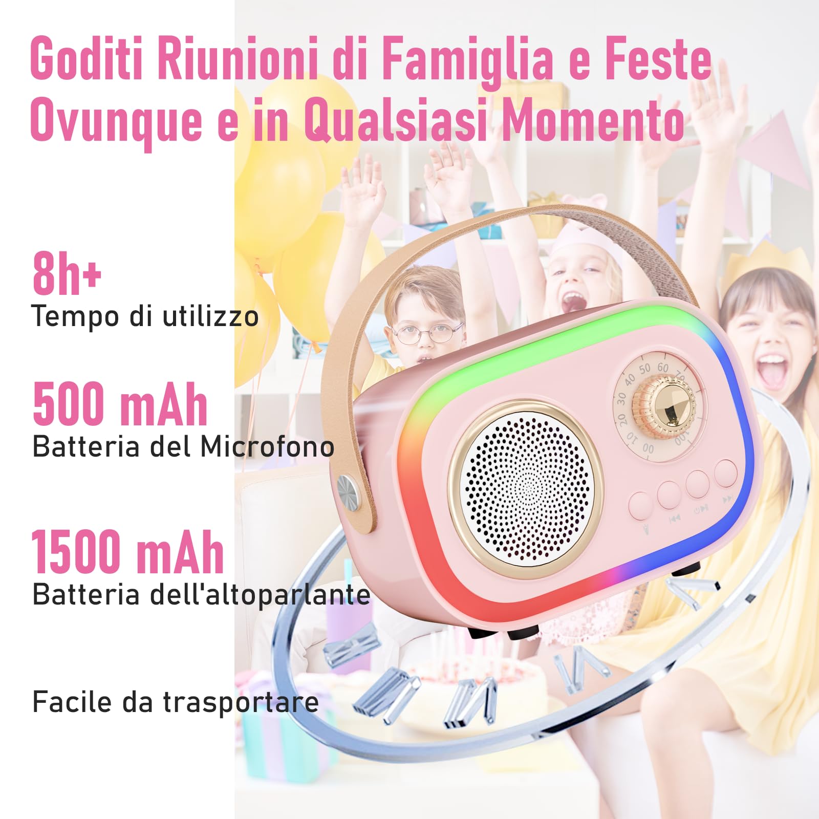 Karaoke per Bambini e Adulti con 2 Microfono, Regalo Bambina 3-18 Anni Macchina per Karaoke Bambini Bluetooth con 5 LED e 12 Effetti Vocali，Giochi Bimba 3-18 Anni,Regalo Natale Compleanno Giocattoli