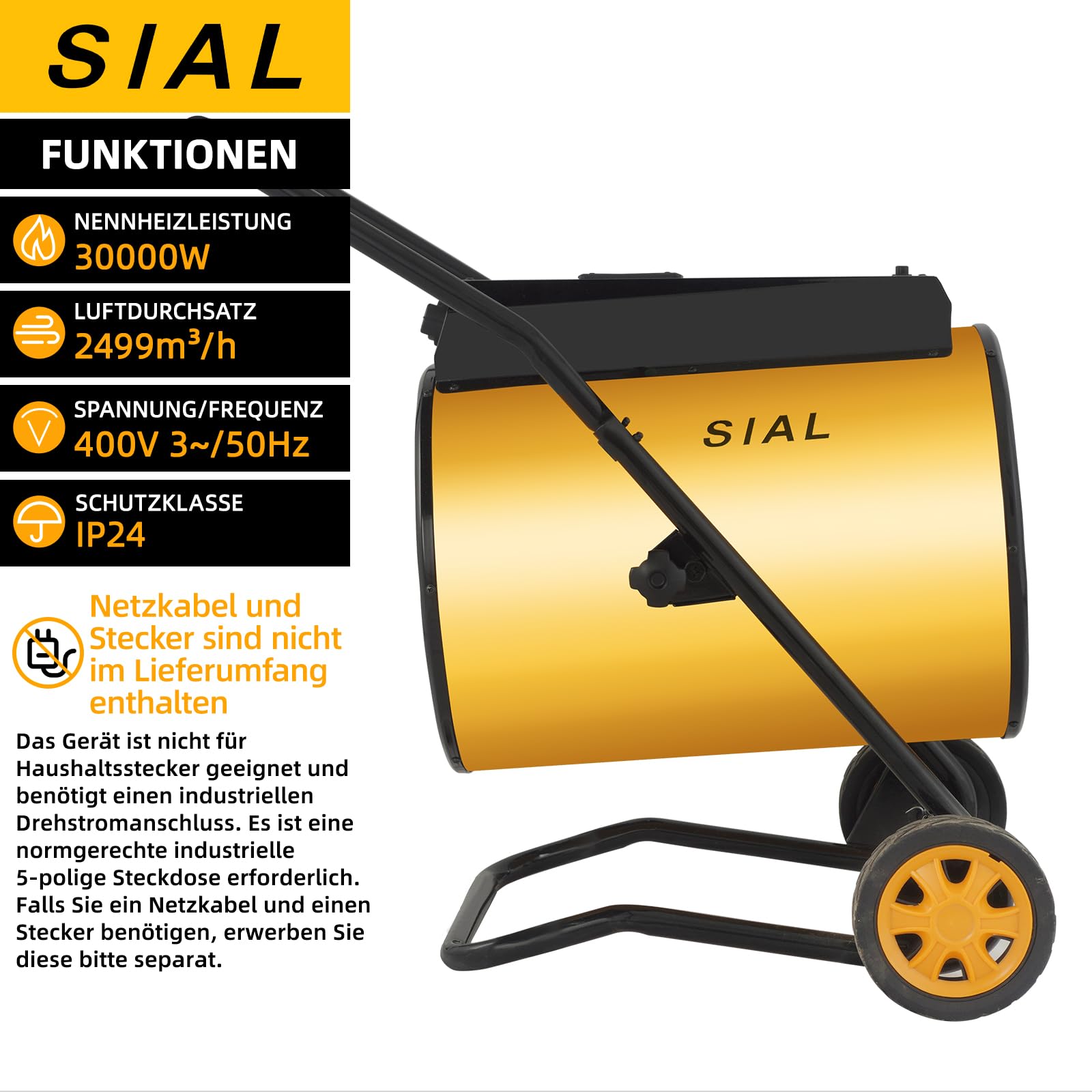 SIAL Industriell Heizlüfter 30000W, 400V - Elektrische Heizung - Heizstrahler Bauheizer - Heizgebläse Für Garagen, Werkstätten, Baustellen - D30 - Gelb