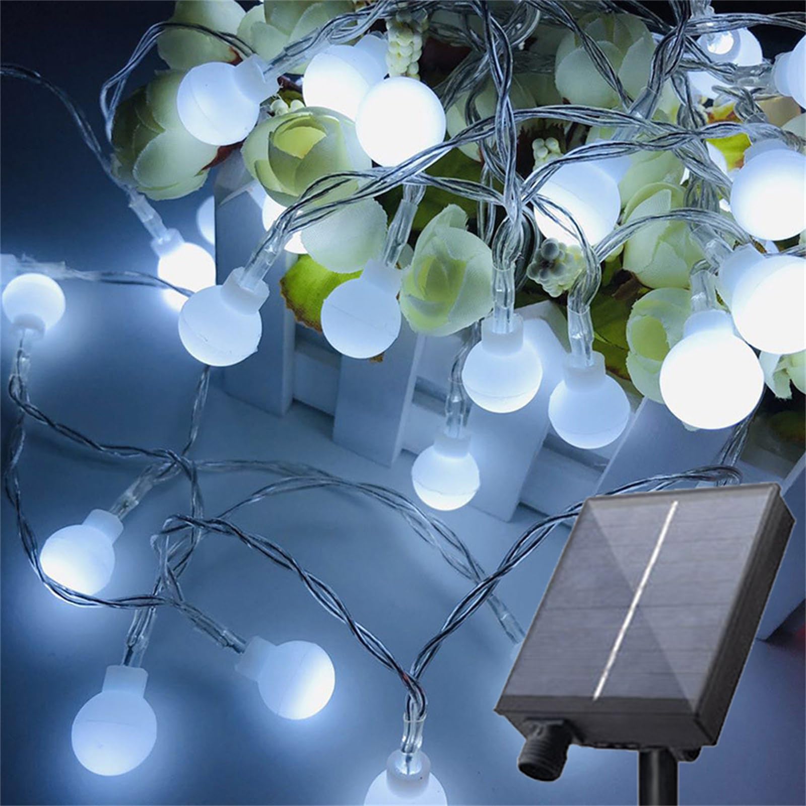 Solar Lichterkette Außen Kugelförmig aus Kupferdraht, mit Fernbedienung 8 Lichtmodi, IP65 Wasserdicht Auto Ein/Aus, Deko für Garten Balkon Terrasse Weihnachten Party (Weiß,52m/400LED)