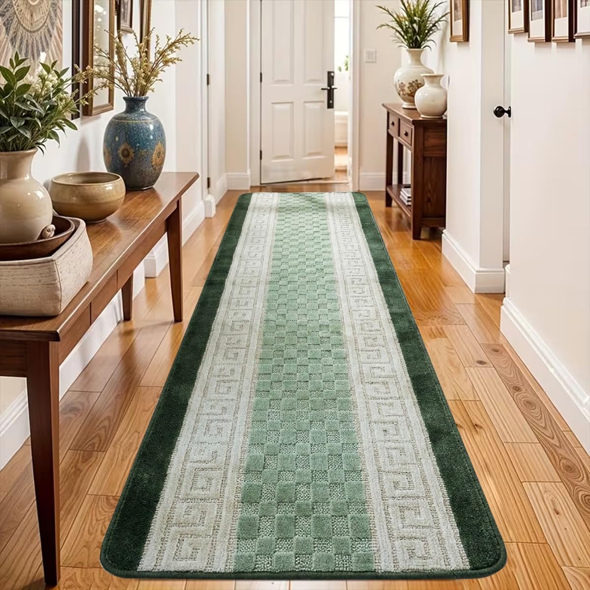 PHP Anti Slip Hallway Carpet Runner Rug, 60 x 220 cm Non-Slip Gel Back Door Runners Rug, Washable Long Enterway Anti Slip Rugs for Living Room and Hallway - Green