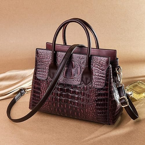 Miniatura 4 de Bolso de mano con asa superior para mujer, bolso de hombro con estampado de cocodrilo en relieve de cuero fuax, púrpura-rojo, grande