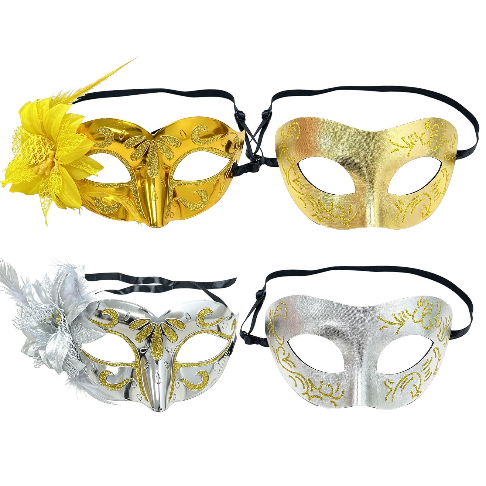 VEINARDYL 4 pcs Couple's Masquerade Masks, Men Women's Venetian Mask Lace Painted Mask with Floral Design for Ball Party Masquerade Sexy Eye-mask Costume - Gold and silver