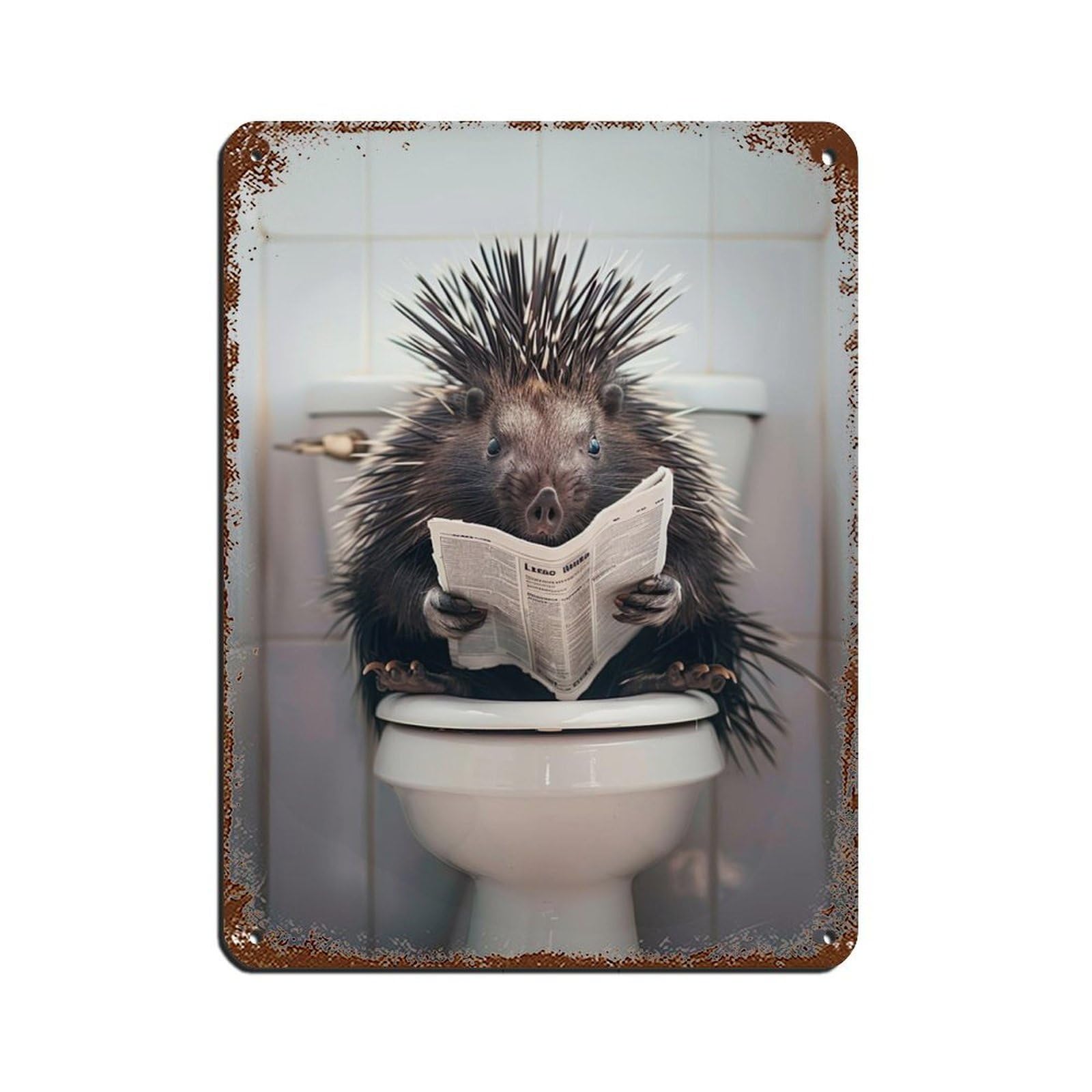 Lxwnze 30L X 40W Cm Porcupine Sitting On The Toilet Reading A Newspaper (15) Tin Sign Vintage Metal Pub Club Cafe Bar Home Wall Art Decoration Poster Retro 12X16inch(30X40cm)