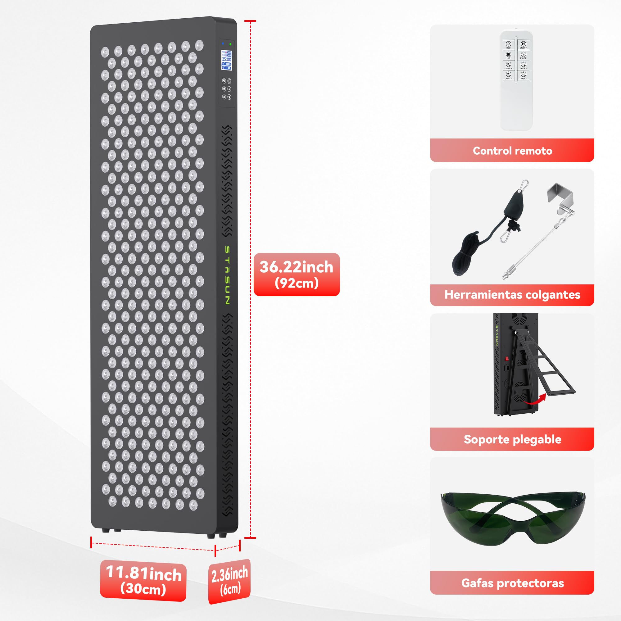 STASUN Dispositivo de terapia de luz roja de doble chip, 4 espectros, 660 y 850 nm, lámpara de luz roja completa, 300 ledes, 450 W, lámpara infrarroja para tratamiento facial, cosméticos, desarrollo