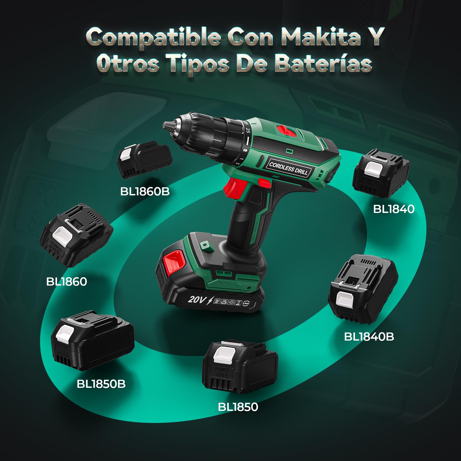 Taladro Atornillador Batería 20V, Taladro Bateria par Máximo 42Nm, Taladro Inalámbrico 2 Velocidades, Apto para Baterías Makita, 25+1 Niveles de Par, Batería 2000mAh, Portabrocas 10mm, Luces LED Verde