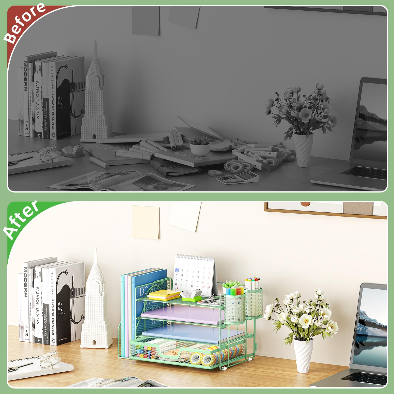 Marbrasse Organizer da scrivania e accessori, vassoio per lettere a 4 ripiani con porta documenti, accessori da scrivania e organizer per spazi di lavoro con cassetto e 2 portapenne (verde, 39,1 x