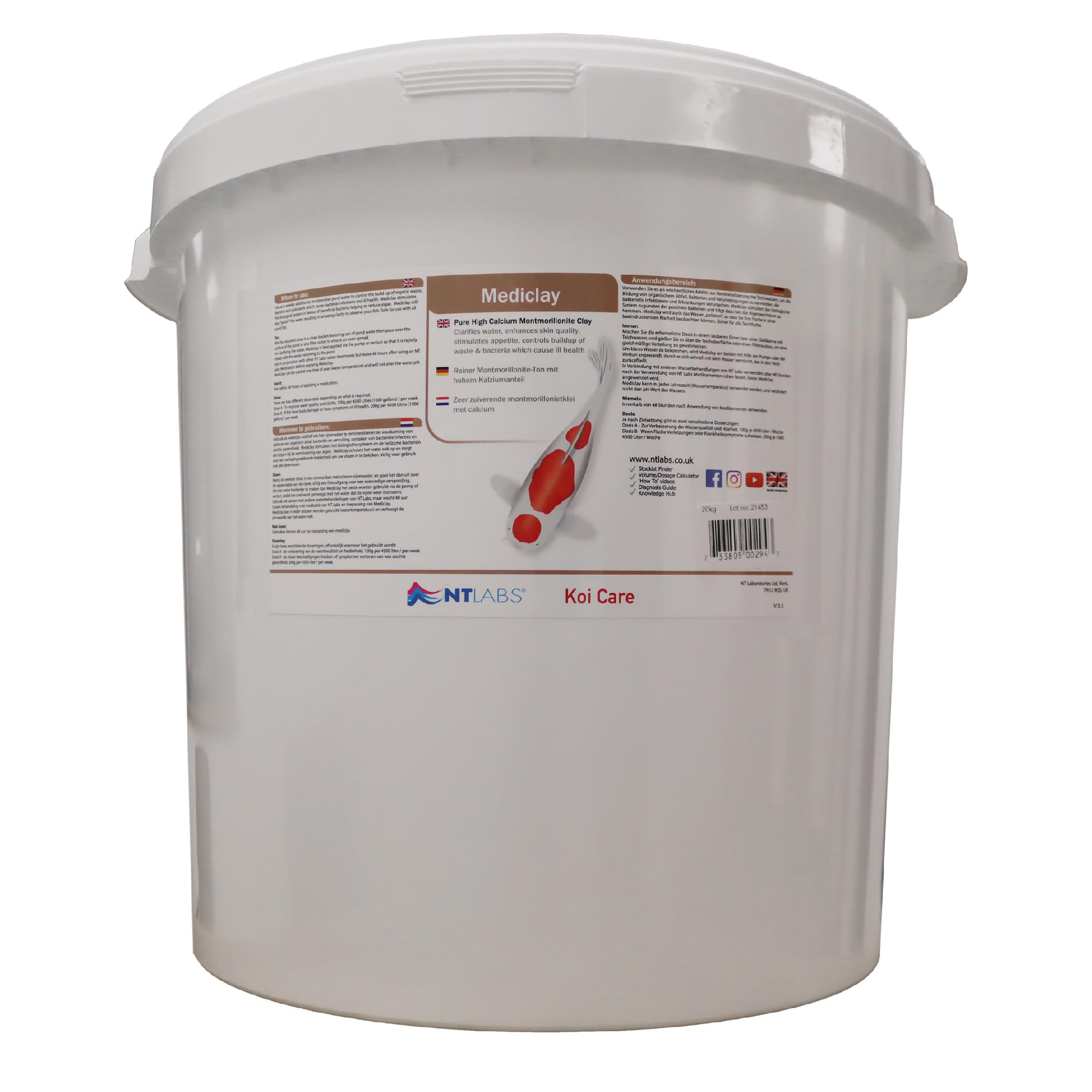 NT Labs Koi Care Mediclay, Pure High Calcium Montmorillonite Clay, Koi Pond Water Clarifier, Stimulates Koi Appetite, Controls buildup of fish waste and bacteria which cause ill health. 20kg