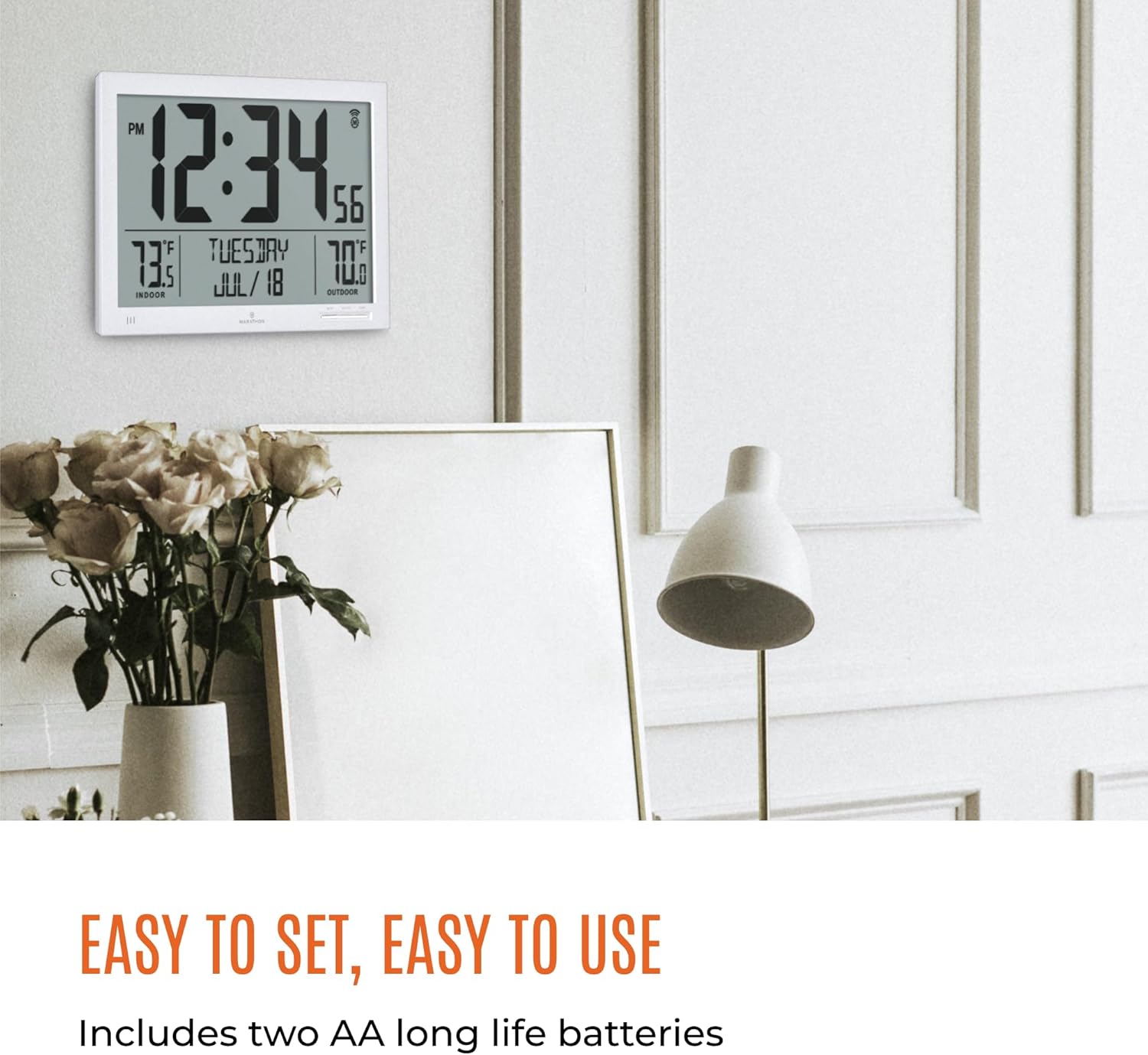 Marathon Slim Atomic Wall Clock on a wall next to a lamp, showing its easy setup.