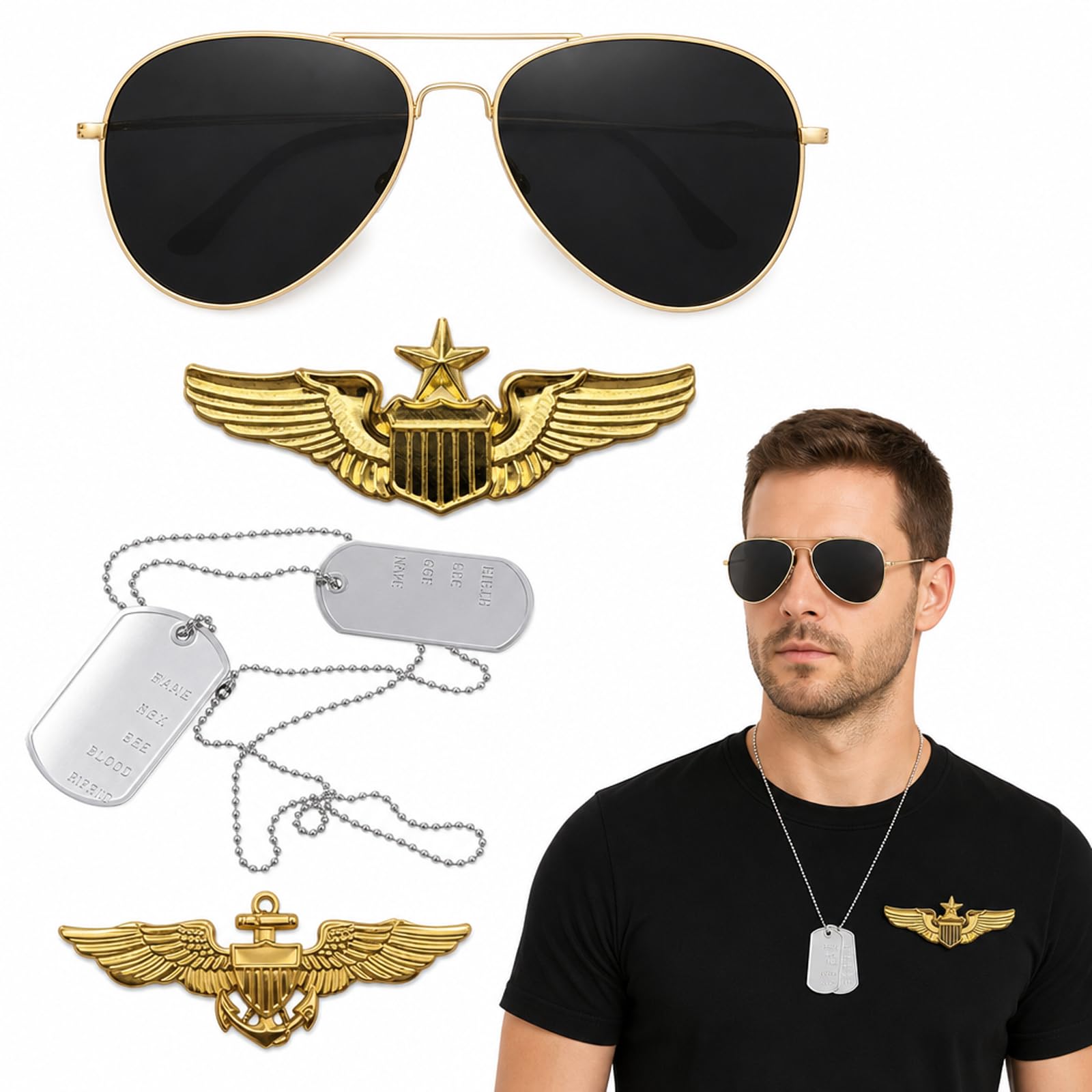SrgPui 4Pcs Top Gun Costume Men, Top Gun Costume, Pilot Costume Set