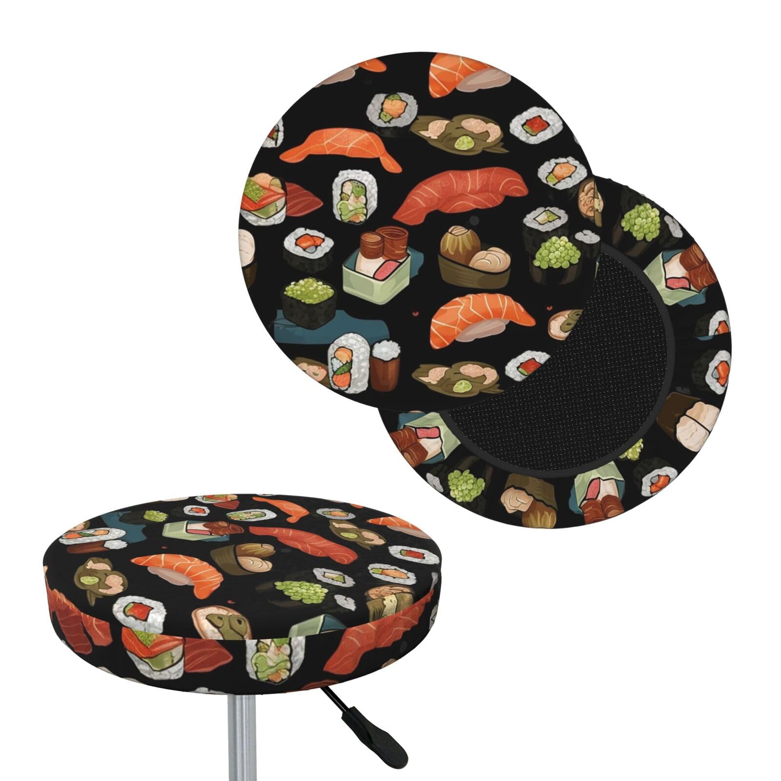 FodPand Japanese Sushi Black Bar Stool Cover Round Elastic Stool Cushion Covers Washable Bar Stool Chair Slipcover Stretch Stool Seat Covers for 12-14 Inch Chair