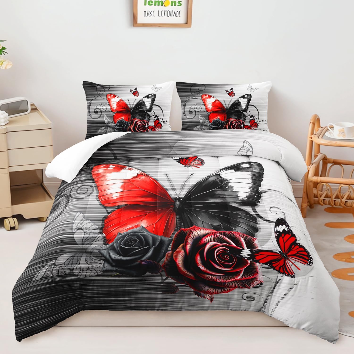 AILONEN Black Red Butterfly Bedding Set, Queen Size Girls Rose Butterfly Quilt Set for Women 3Pcs,Watercolor Butterfly Soft Comforter with 2 Pillowcases