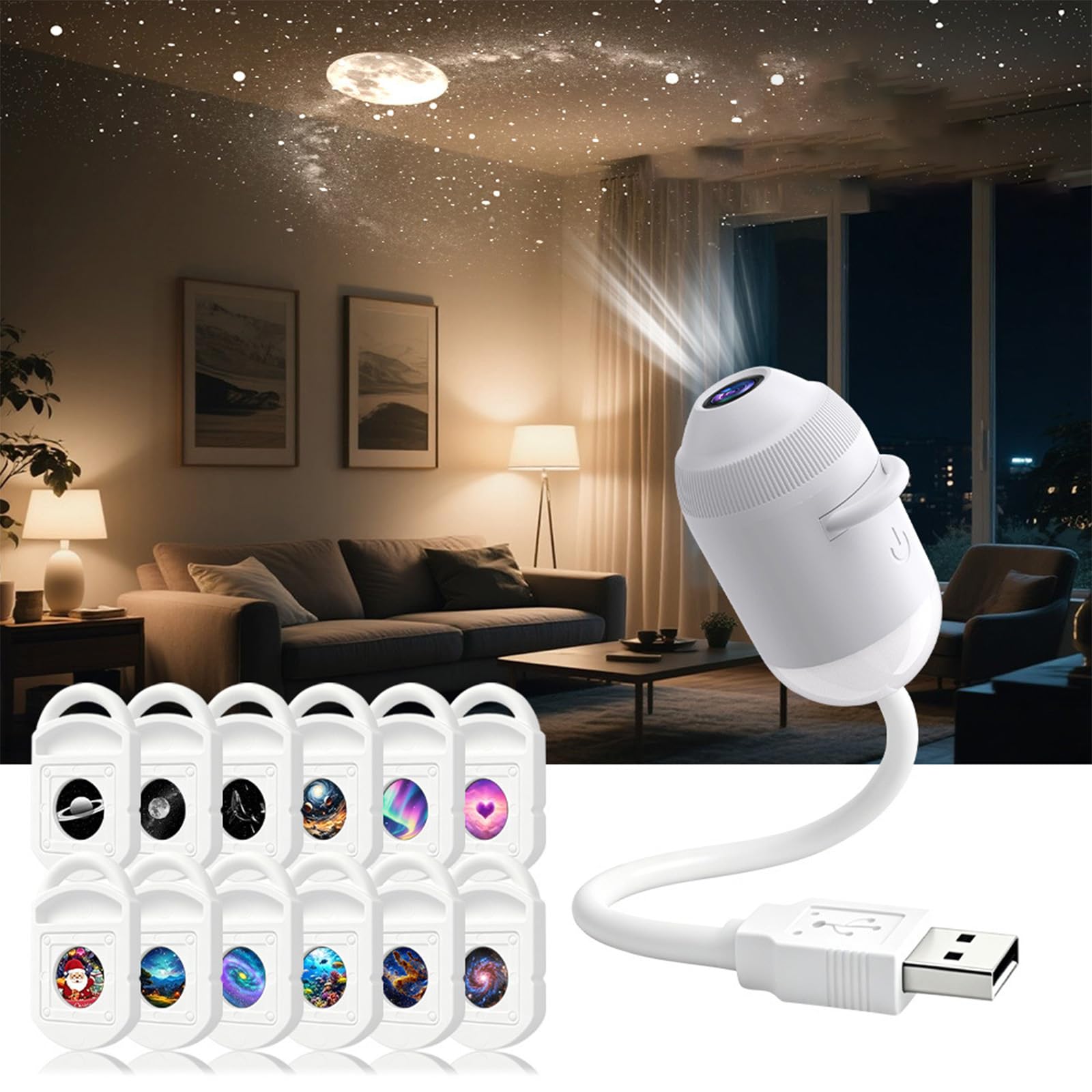 Icettry Projector, Lcettry Star Light, Ocean and Galaxy Projector, Plug and Play HD StarProjector, 360 Rotating USB Galaxy & MoonProjector Night Light, for Bedroom Ceiling Car，12 Films
