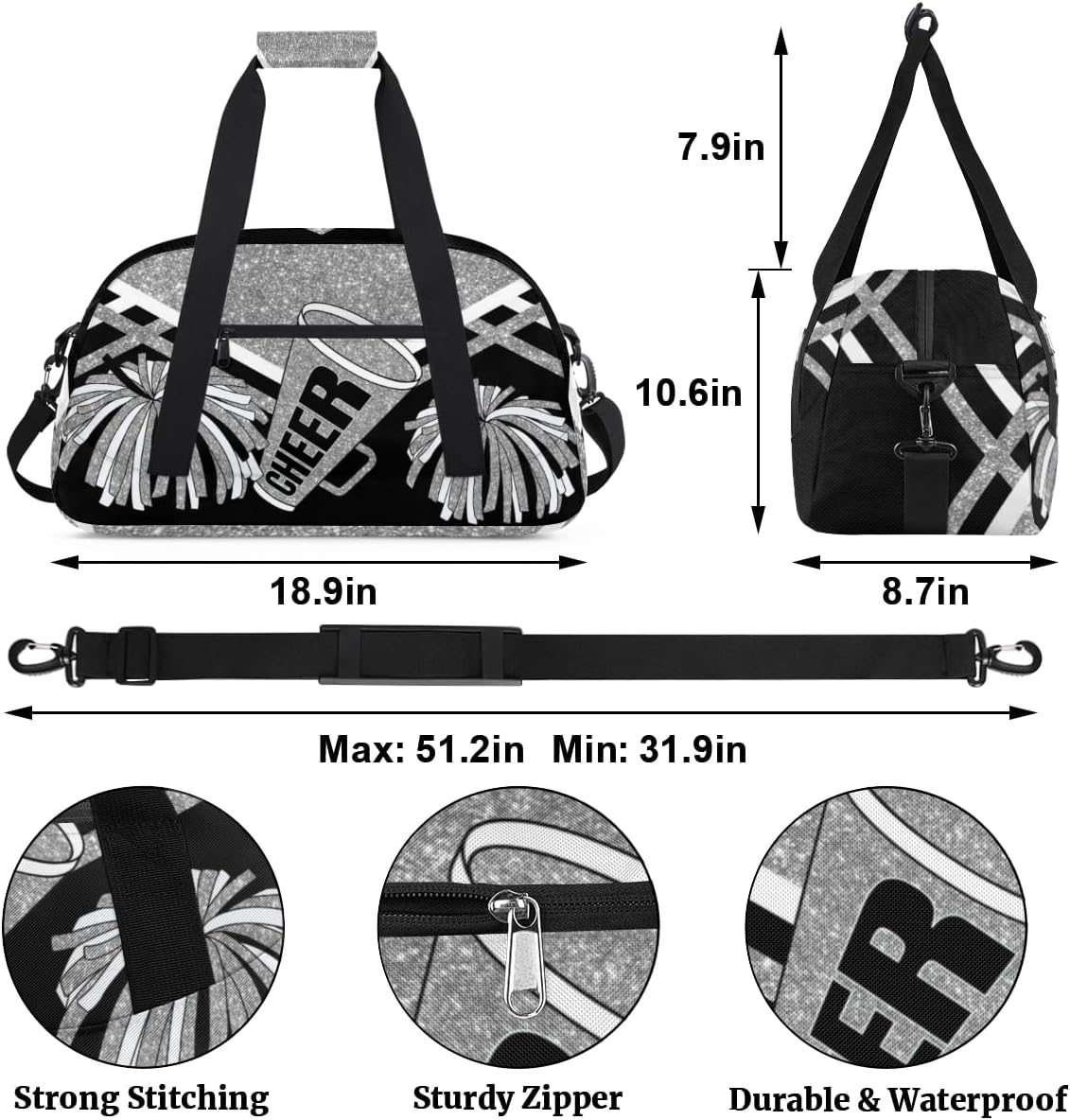 Cheerleading Dance Bag Girls, Sports Bag Gym Sport Duffel Bag Weekender Cheerleaders Bags Travel Dancing Lightweight Bag, Silver Black Glitters Print Effect - Image 2