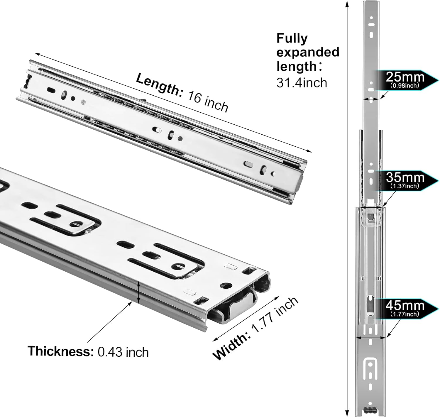 Kinlink 4 Pair 16 Inch Drawer Slides, 3- Fold Full Extension Center Mount Drawer Glides, Ball Bearing Side Mount Drawer Rails for Kitchen Dresser
