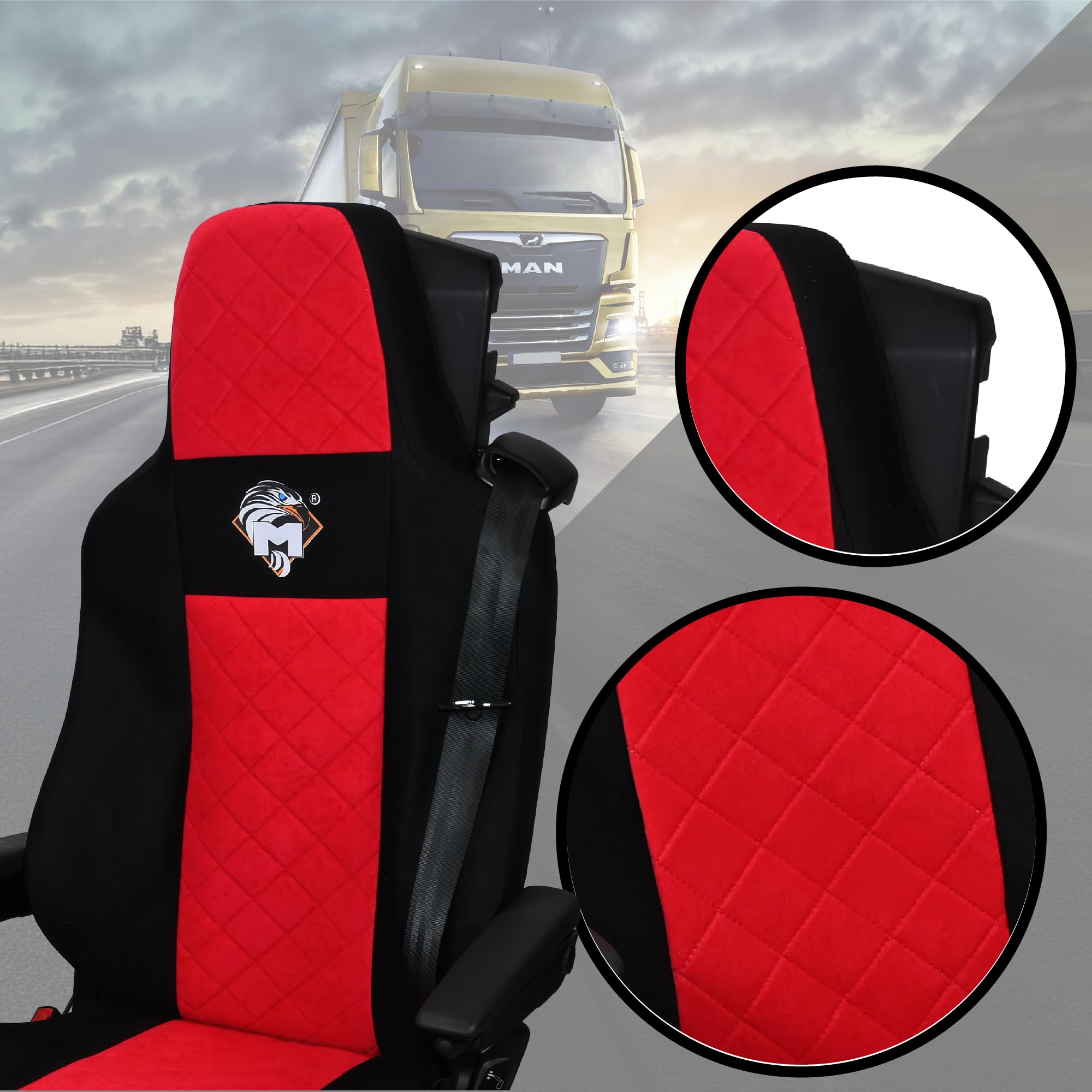 SABA Funda de Asiento para Man TGX Desde 2020 1-Rieme, Rojo | Accesorio de camión para protector de asiento - funda de asiento resistente para asientos delanteros
