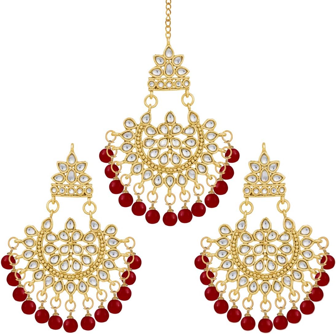 Aheli Elegant Indian Traditional Wedding Kundan Beaded Maang Tikka with Earrings Set for Women Ethnic Bollywood Party Jewelry