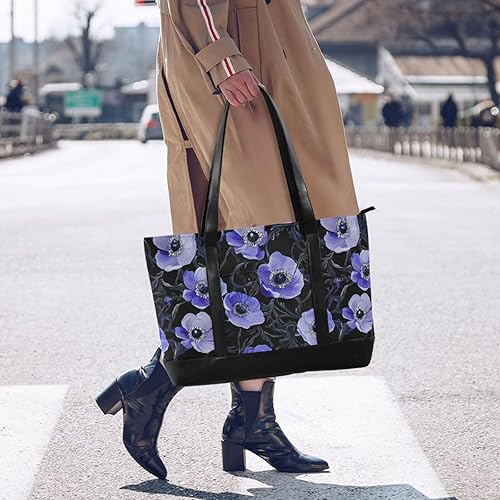 Miniatura 6 de Arte púrpura anémona flor negro esencial bolsa de computadora para las mujeres con cremallera bolsa de mano para viajeros con mujeres trabajo