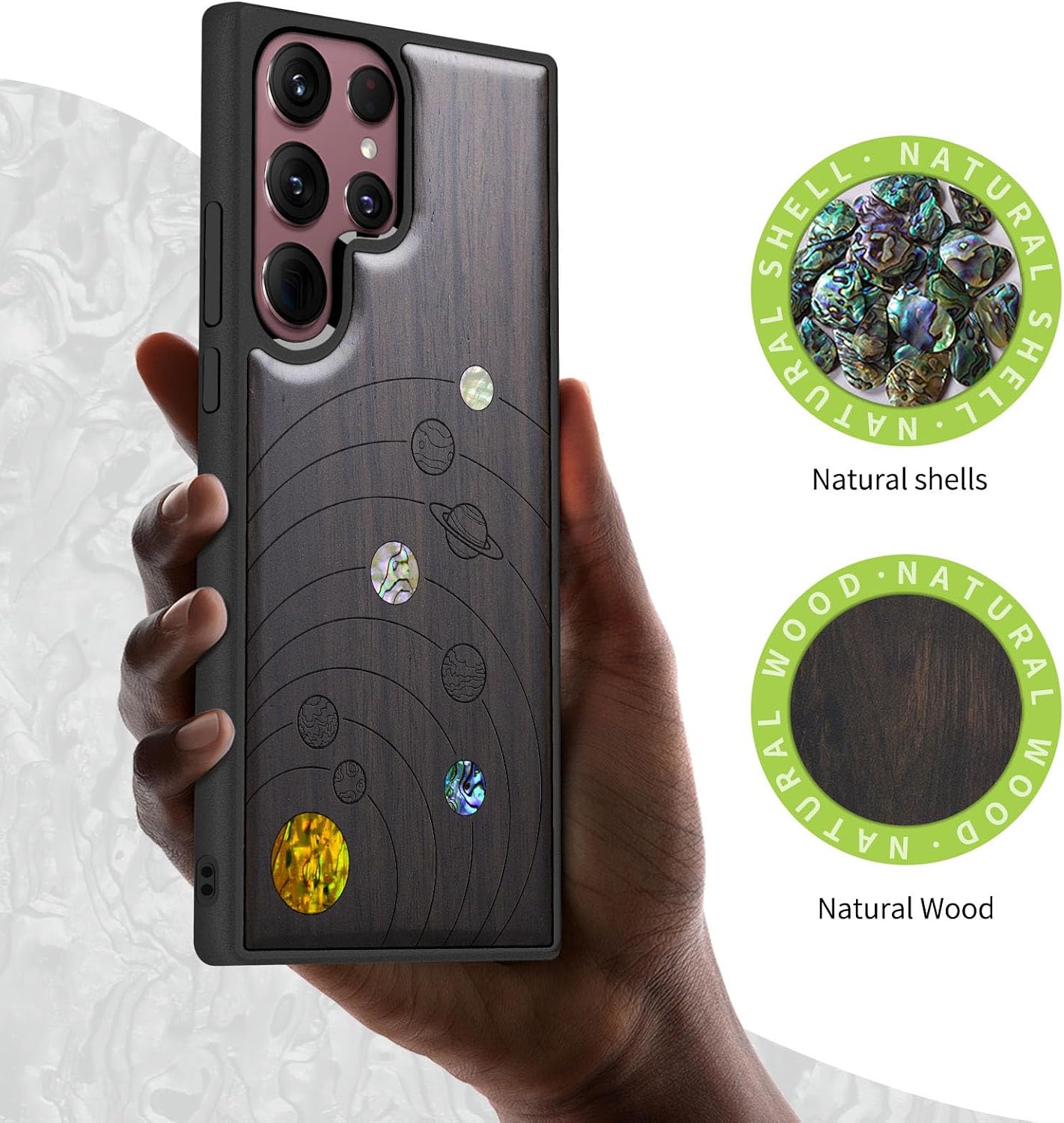 Carveit Designer Wooden Cover for Samsung Galaxy S22 Ultra Case [Wood Engraving & Shell Inlay] Compatible with Wireless Chargers Galaxy S22 Ultra (Solar System-Blackwood)