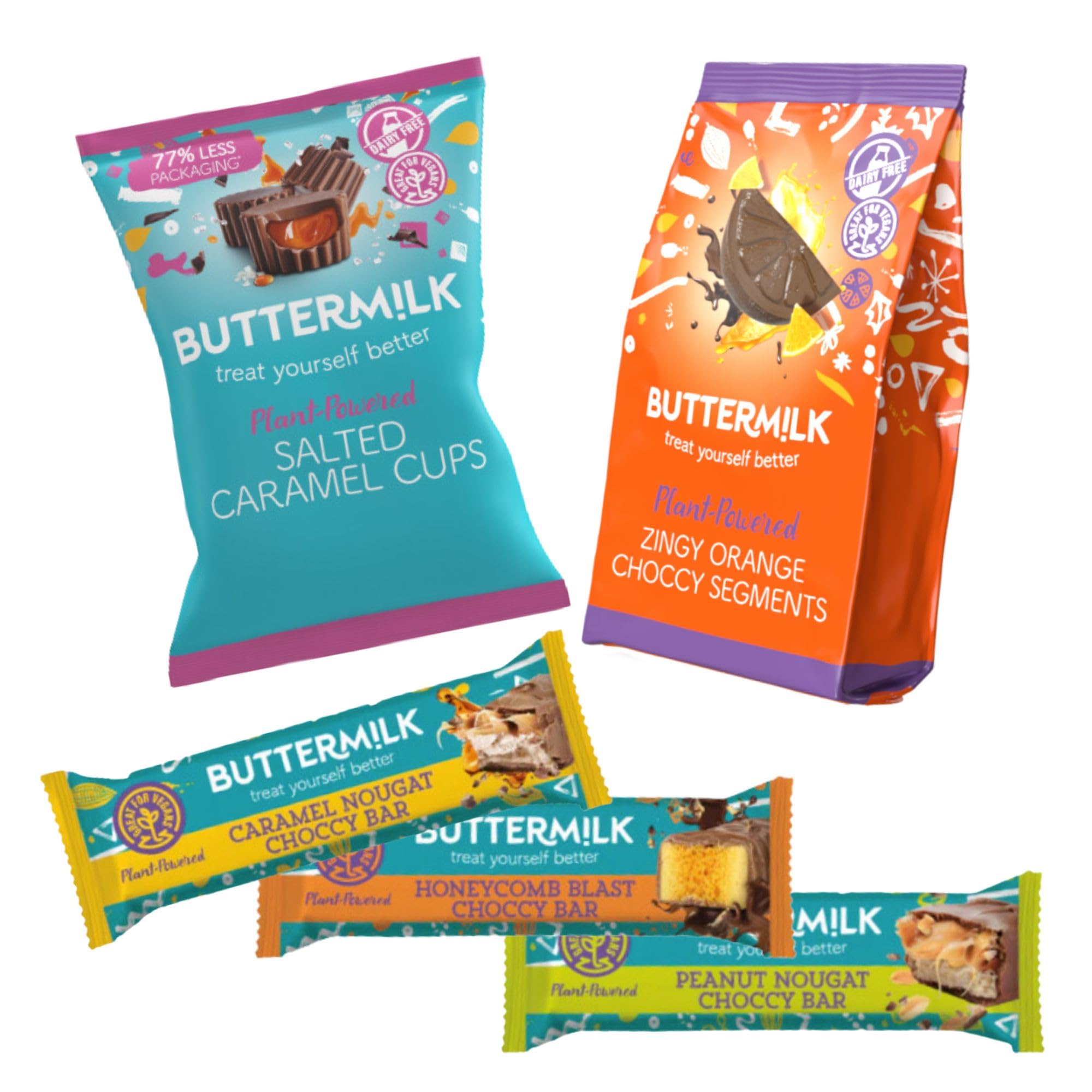 Plant Based Vegan 5 Pack Bundle Containing Buttermilk Honeycomb Blast, Caramel Nougat, Peanut Nougat Bars and More