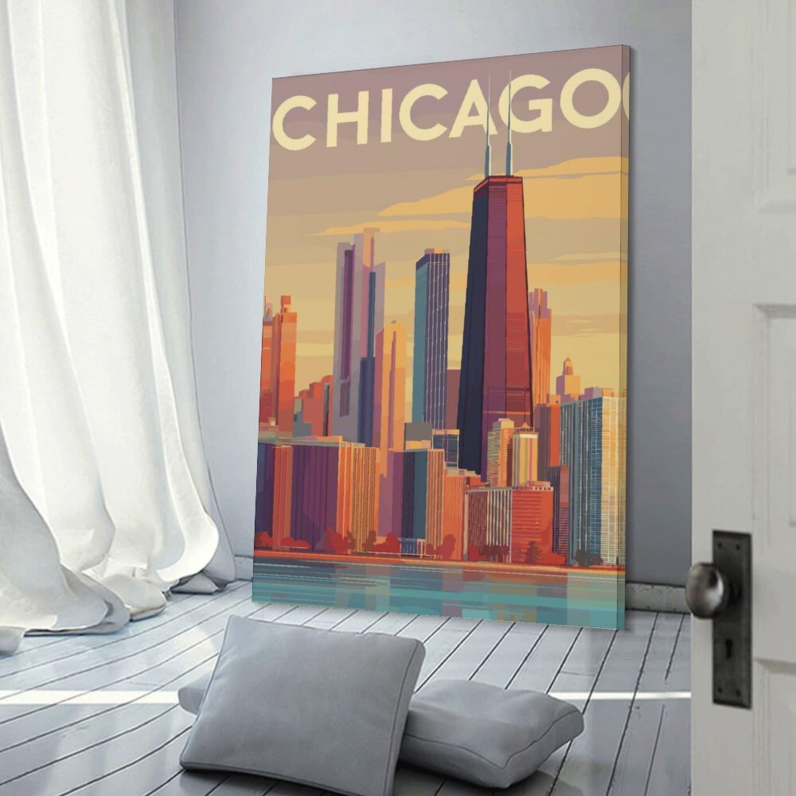 Junmoney Chicago Skyline Illustration(2) Canvas Art Print, 20x30inch(50x75cm), for Wall Displays, Bedrooms Or Room Updates, Home Wall Art for Statement Displays