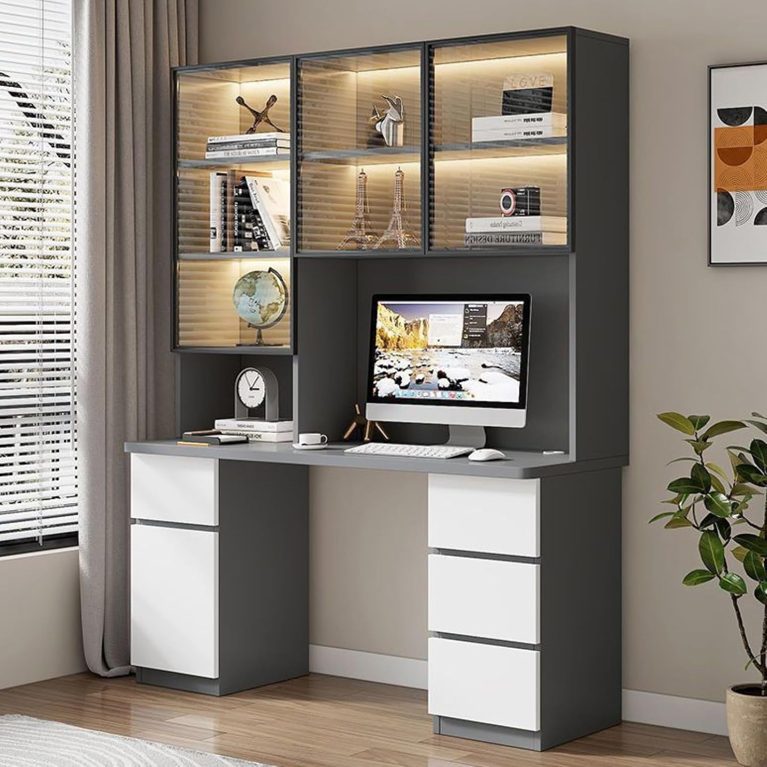 Wdsopk Grey Computer Desk Home Office Desk Home Office Desk With Drawers, Computer Desk With Glass Door Modern Study Writing Desk For Study Play Work Bedroom Home Office（-100Cm）