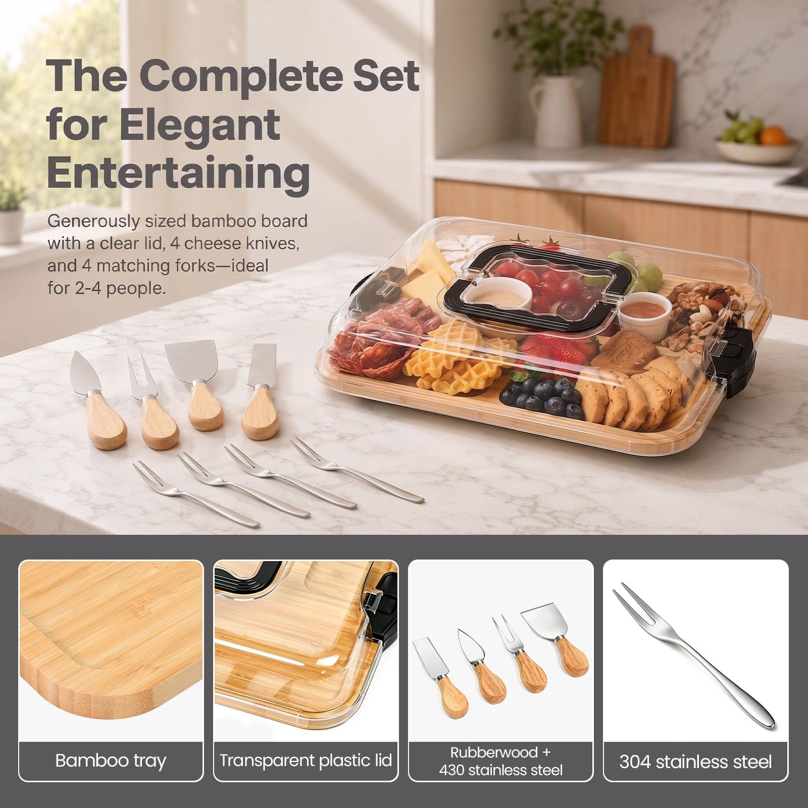 Planche à Fromage en Bambou avec Couvercle Planche de Charcuterie avec Couvercle avec 4 Couteaux + 4 Fourchettes Plateau à Fromage en Bambou pour Apéro, Pique-Nique, Tapas – Idée Cadeau
