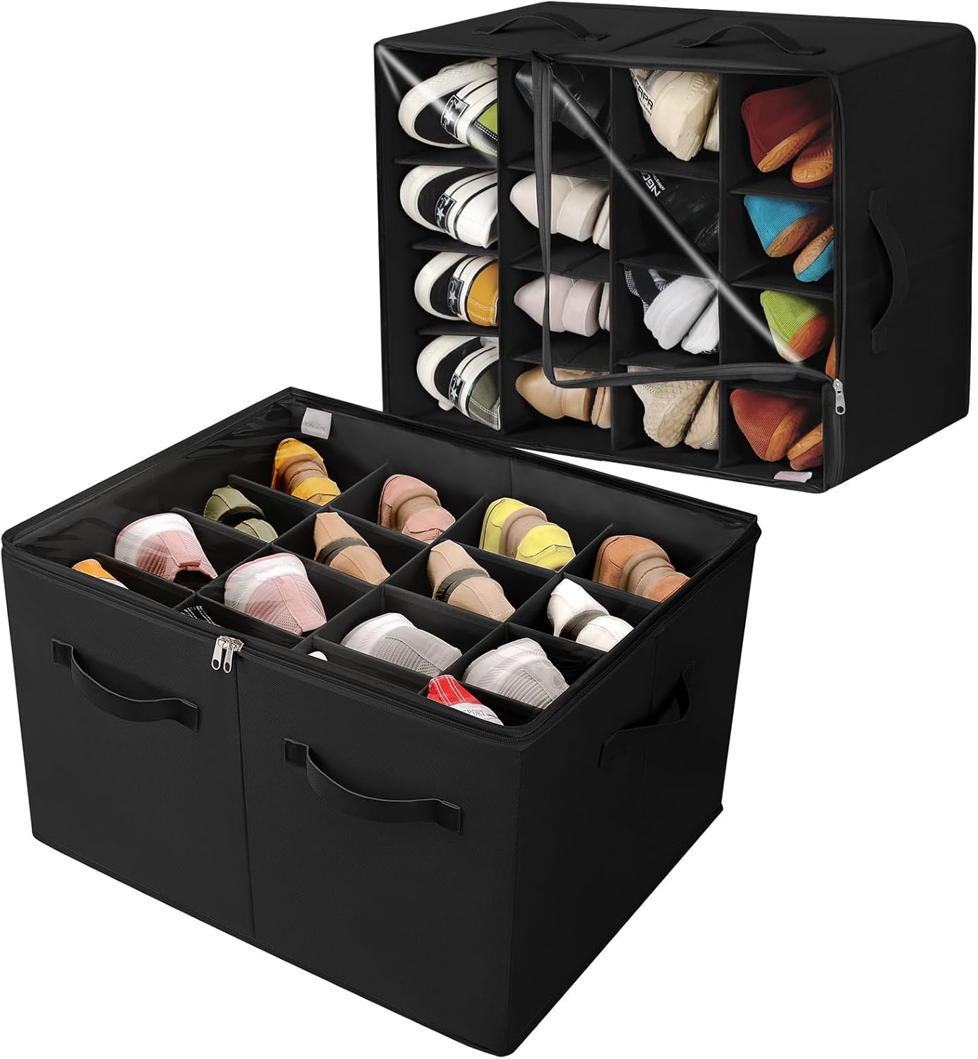 Shoe Organizer for Closet 2 Pack, Foldable Shoe Box with Adjustable Dividers and Clear Cover, Space Saving Shoe Storage Organizer Cabinet with Reinforced Handles, Fits 32 Pairs, Black TP12B Black-2Pack Large(20.87''L x 16.54''W x 13'H)