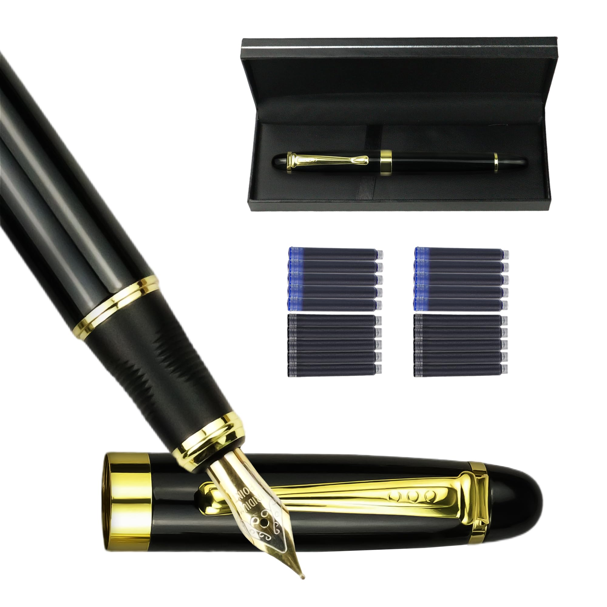 YUN CHUN Marble Fountain Pen for Writing, Refillable Luxury Metal Pens with Ink Pen with 10 Black and 10 Blue Ink Refills, Business Writing Fountain Pen for Men and Women, Marble Black โ image 1