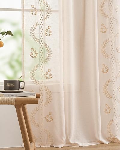Miniatura 5 de jinchan Belrose - Cortinas traslúcidas de lino para sala de estar, 84 pulgadas de largo, cortinas bordadas florales de gasa transparente para